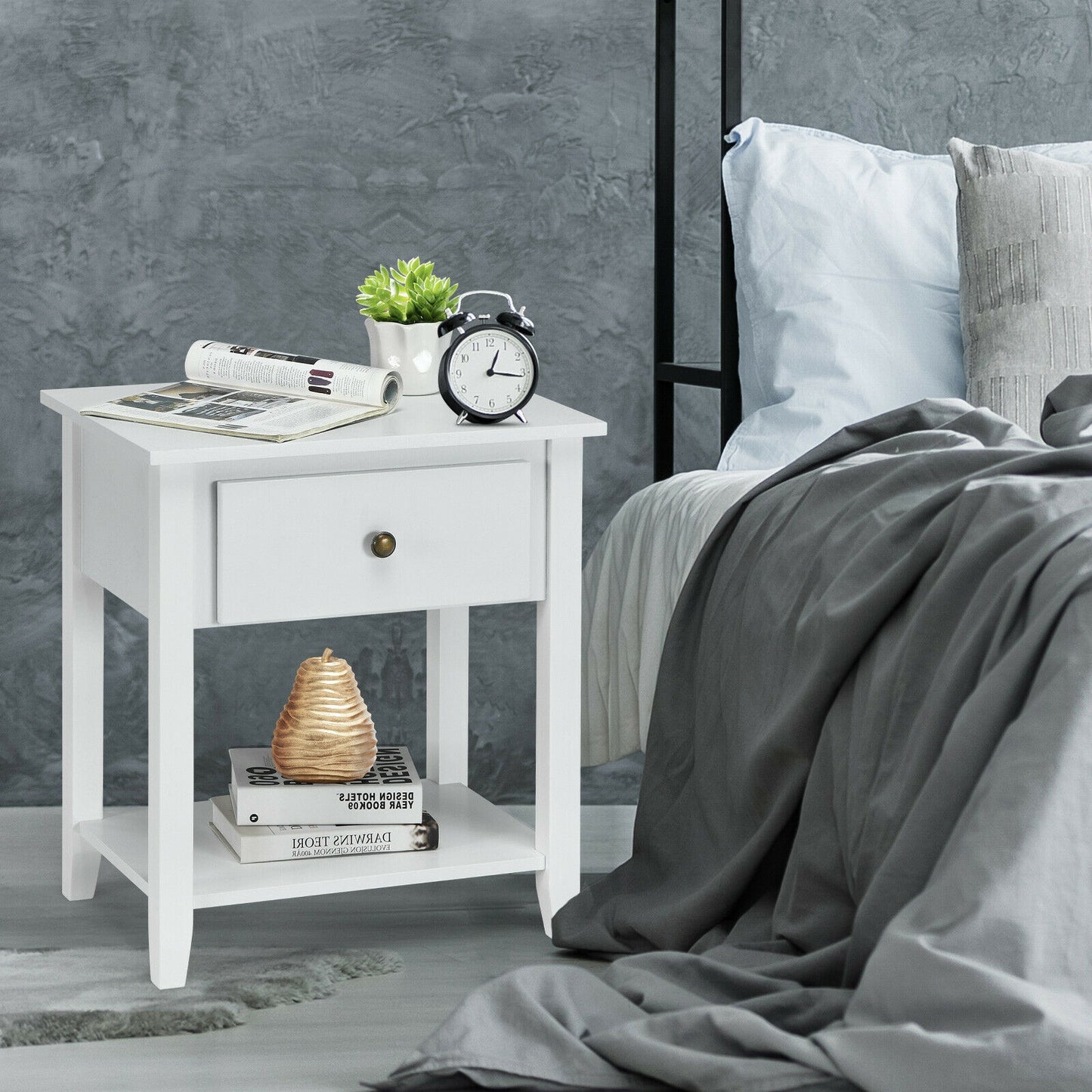 Nightstand with Drawer and Storage Shelf for Bedroom Living Room-White Kids Crystal