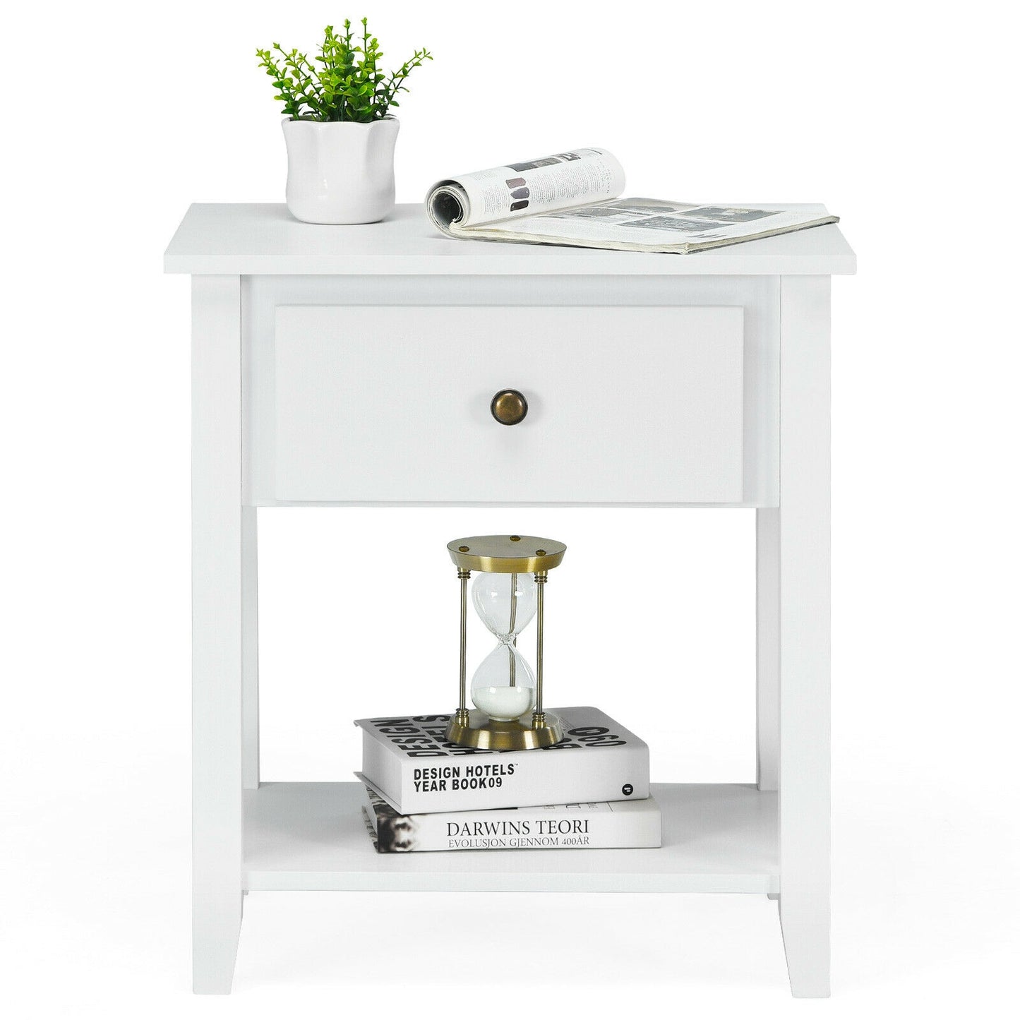 Nightstand with Drawer and Storage Shelf for Bedroom Living Room-White Kids Crystal