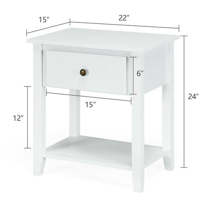 Nightstand with Drawer and Storage Shelf for Bedroom Living Room-White