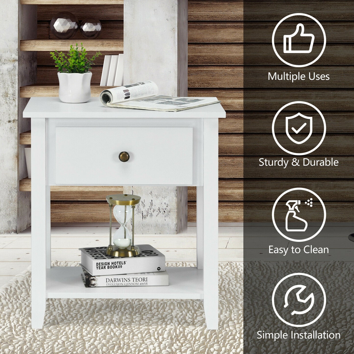 Nightstand with Drawer and Storage Shelf for Bedroom Living Room-White Kids Crystal