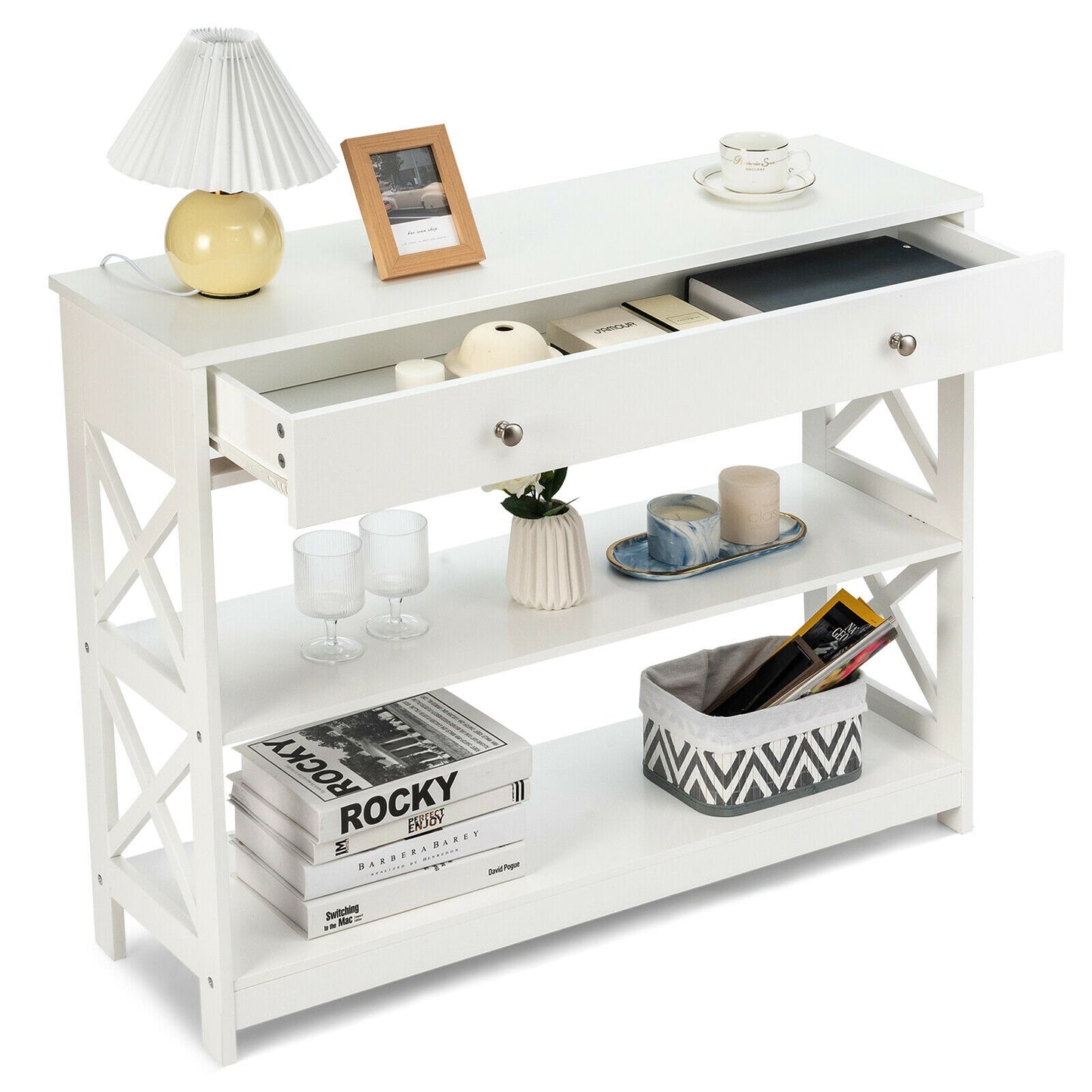3-Tier Console Table with Drawers for Living Room Entryway-White Kids Crystal