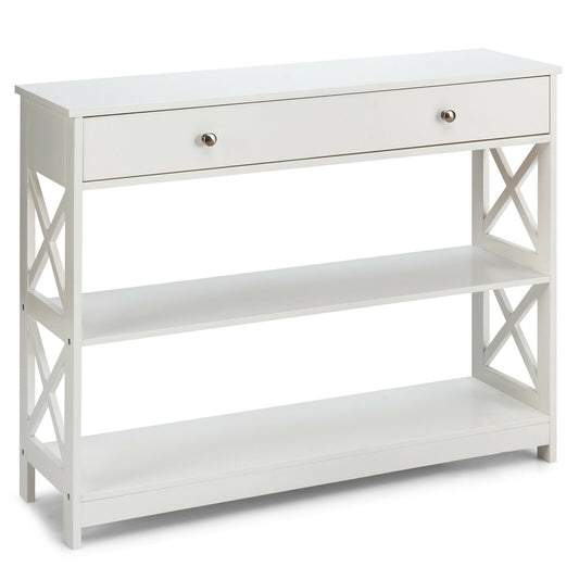 3-Tier Console Table with Drawers for Living Room Entryway-White Kids Crystal