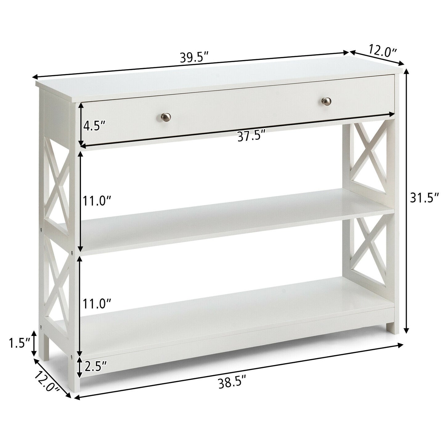 3-Tier Console Table with Drawers for Living Room Entryway-White Kids Crystal