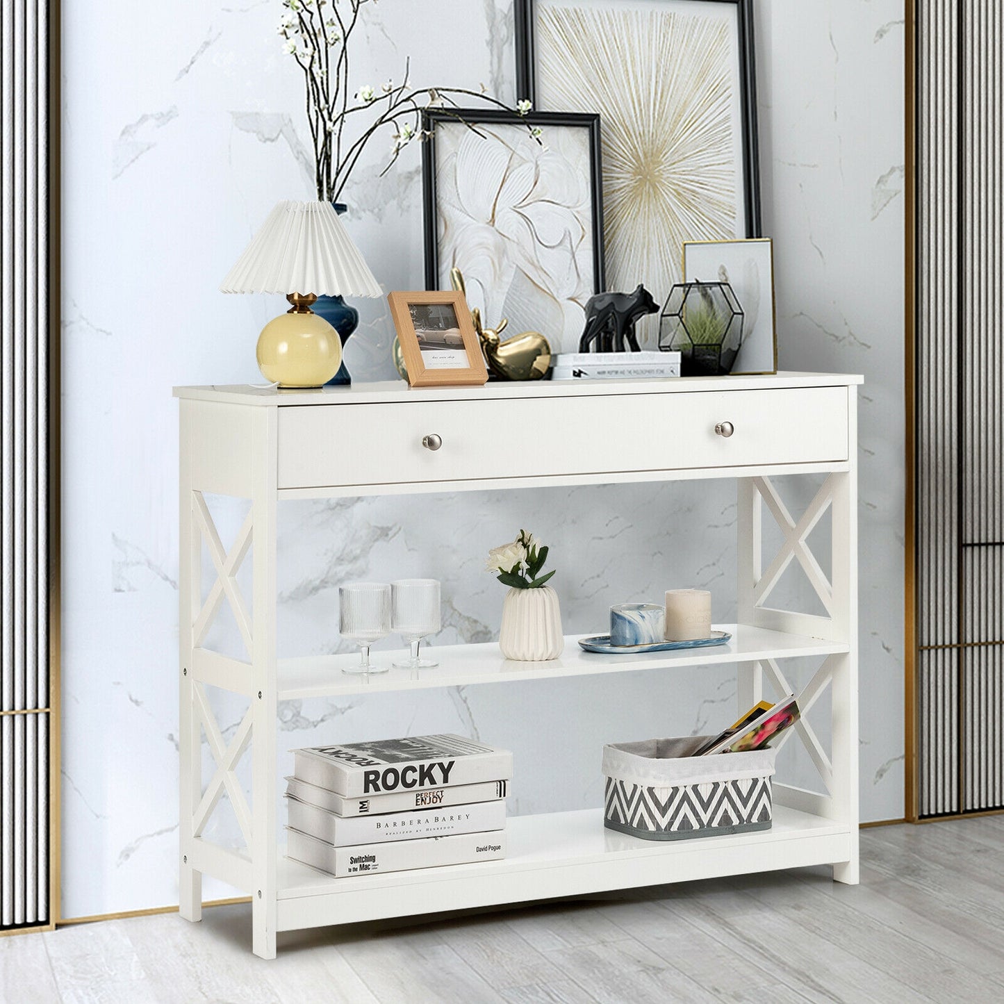3-Tier Console Table with Drawers for Living Room Entryway-White Kids Crystal