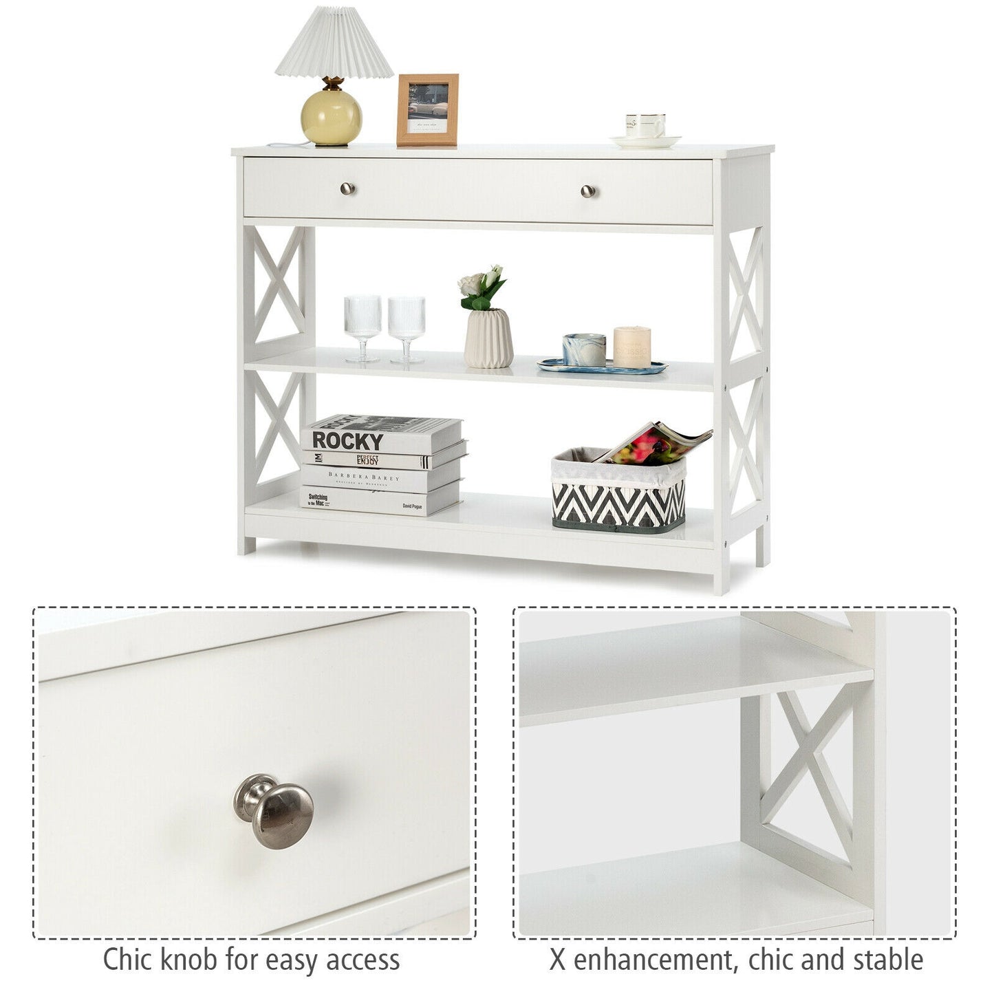 3-Tier Console Table with Drawers for Living Room Entryway-White Kids Crystal