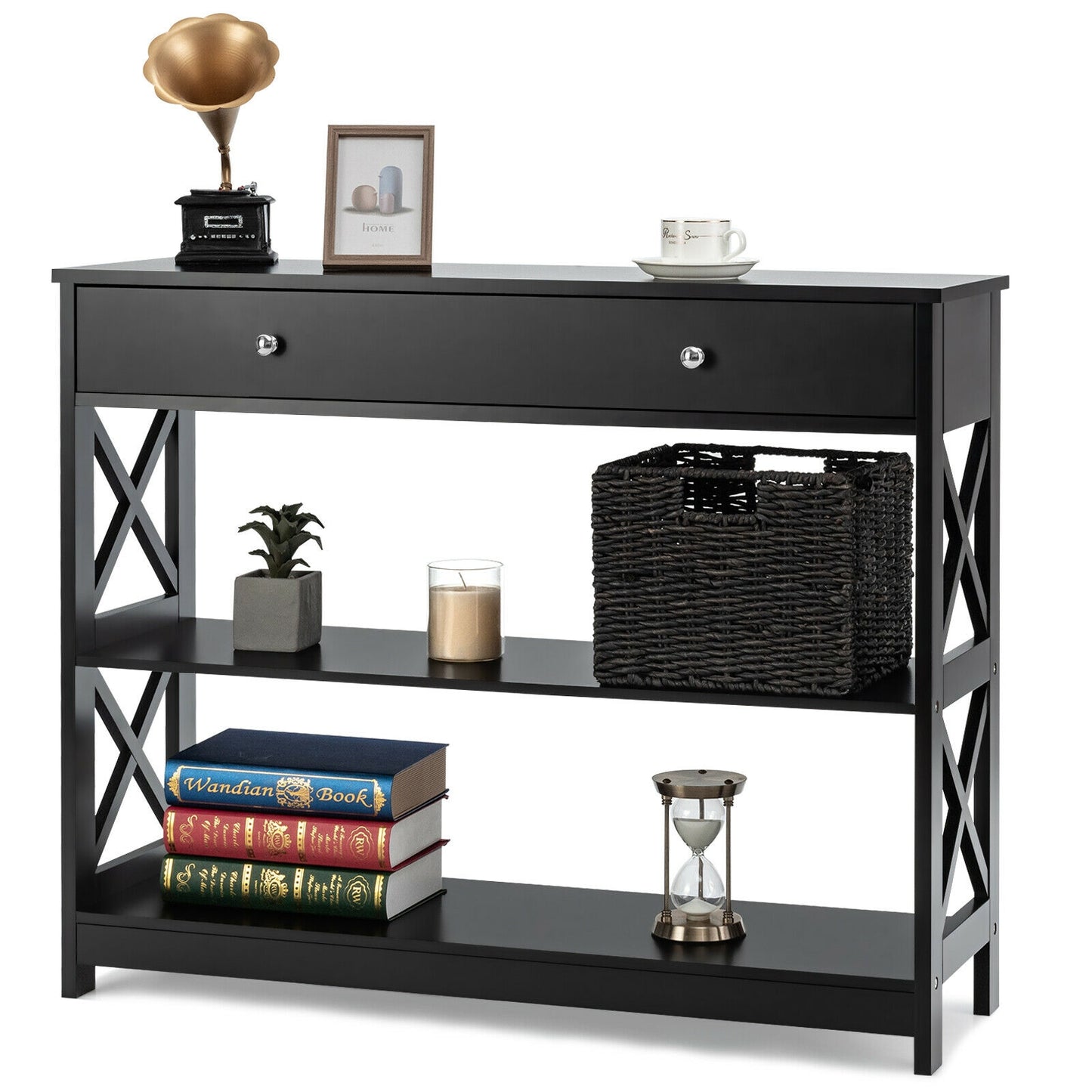 3-Tier Console Table with Drawers for Living Room Entryway-Black Kids Crystal