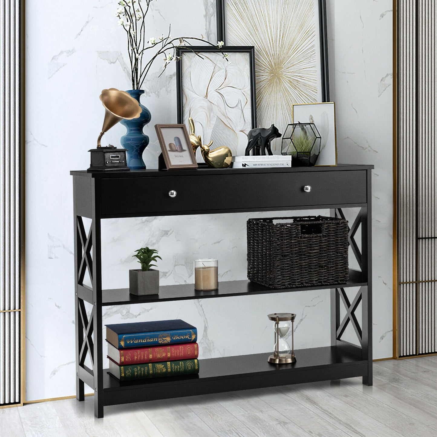 3-Tier Console Table with Drawers for Living Room Entryway-Black Kids Crystal