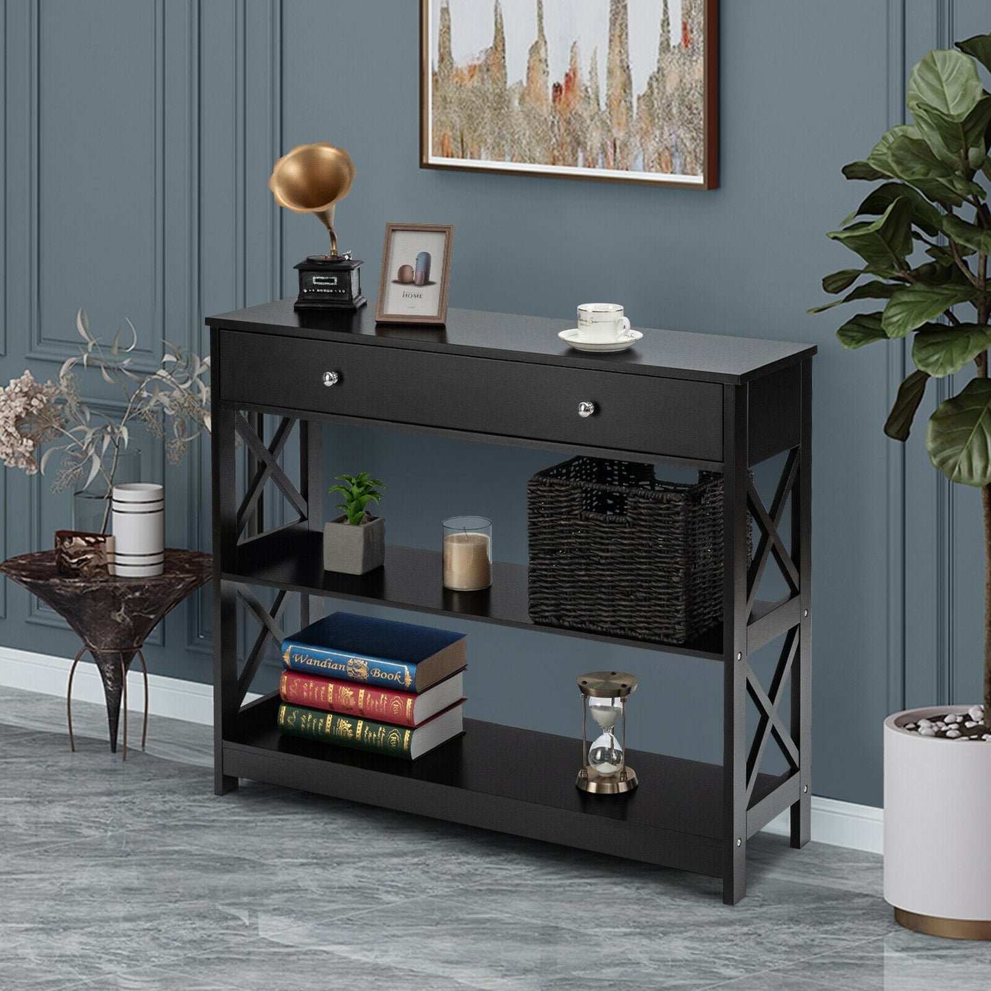 3-Tier Console Table with Drawers for Living Room Entryway-Black Kids Crystal