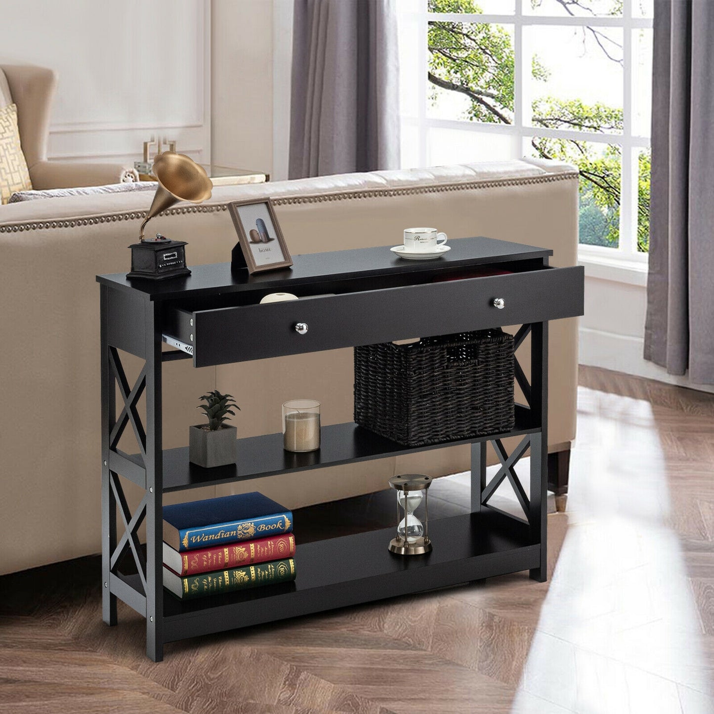 3-Tier Console Table with Drawers for Living Room Entryway-Black Kids Crystal