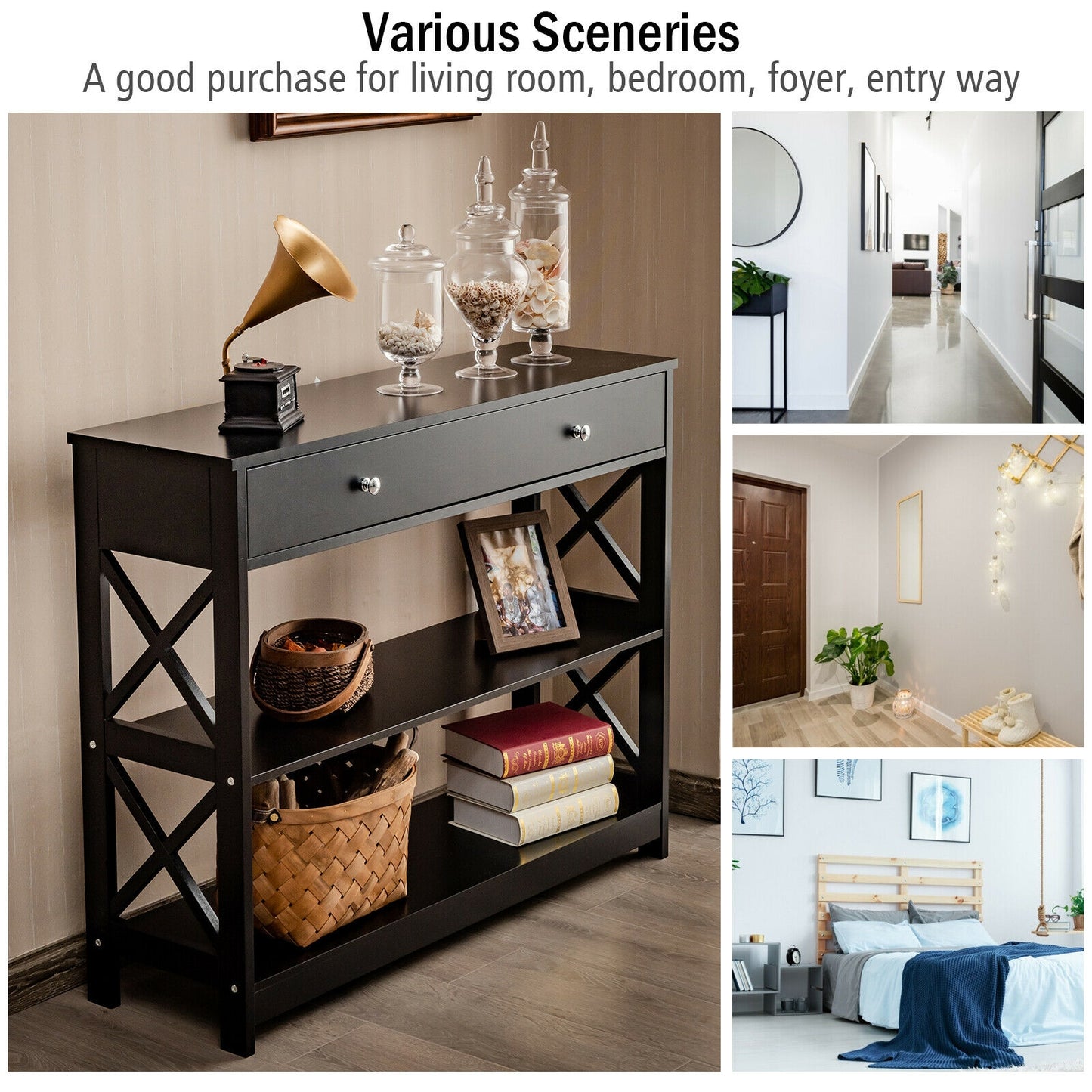 3-Tier Console Table with Drawers for Living Room Entryway-Black Kids Crystal