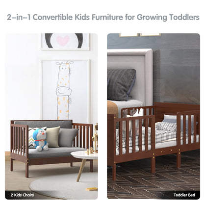 2-in-1 Convertible Toddler Bed with Guardrails-Brown