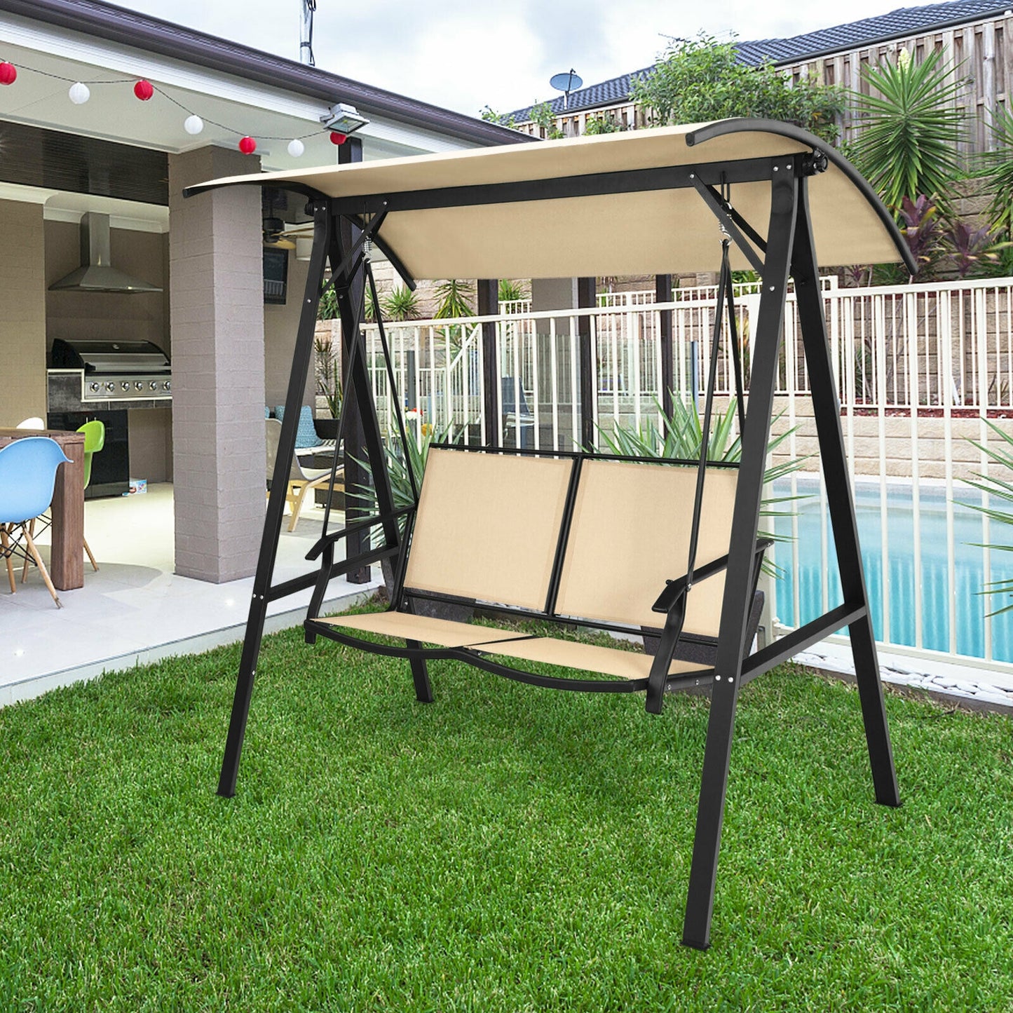2 Person Patio Swing with Weather Resistant Glider and Adjustable Canopy-Beige Kids Crystal