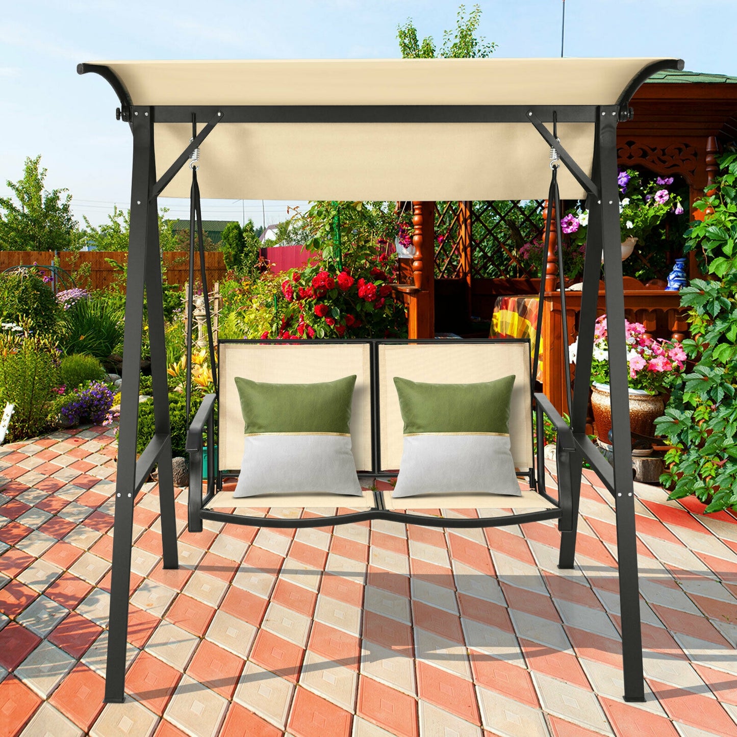 2 Person Patio Swing with Weather Resistant Glider and Adjustable Canopy-Beige Kids Crystal