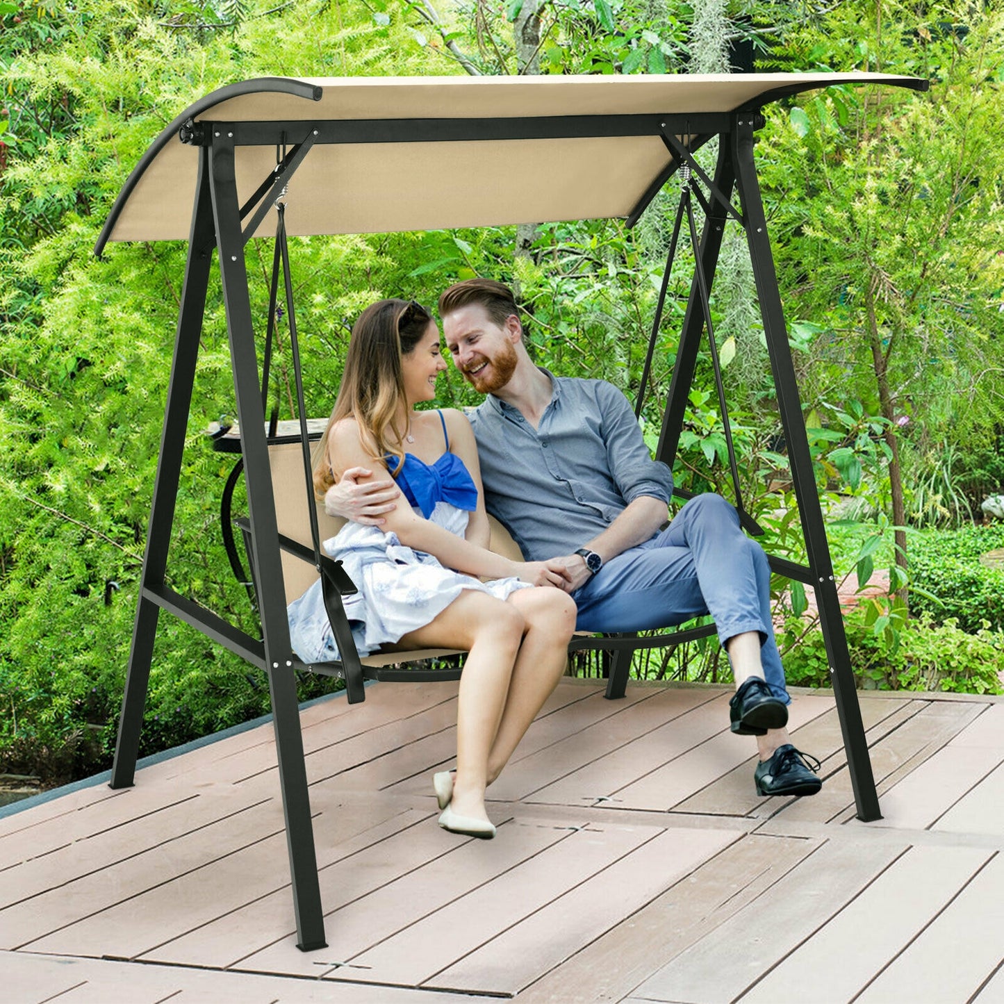 2 Person Patio Swing with Weather Resistant Glider and Adjustable Canopy-Beige Kids Crystal