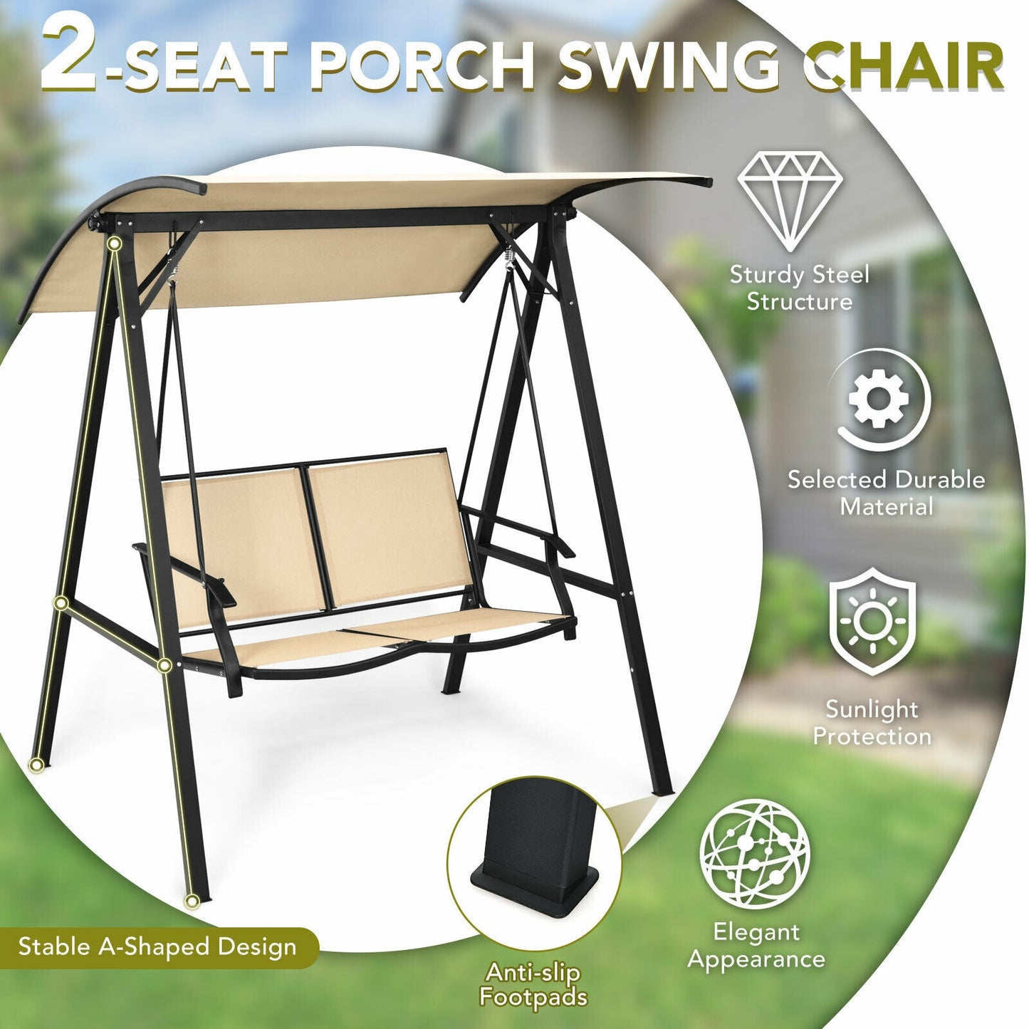 2 Person Patio Swing with Weather Resistant Glider and Adjustable Canopy-Beige Kids Crystal