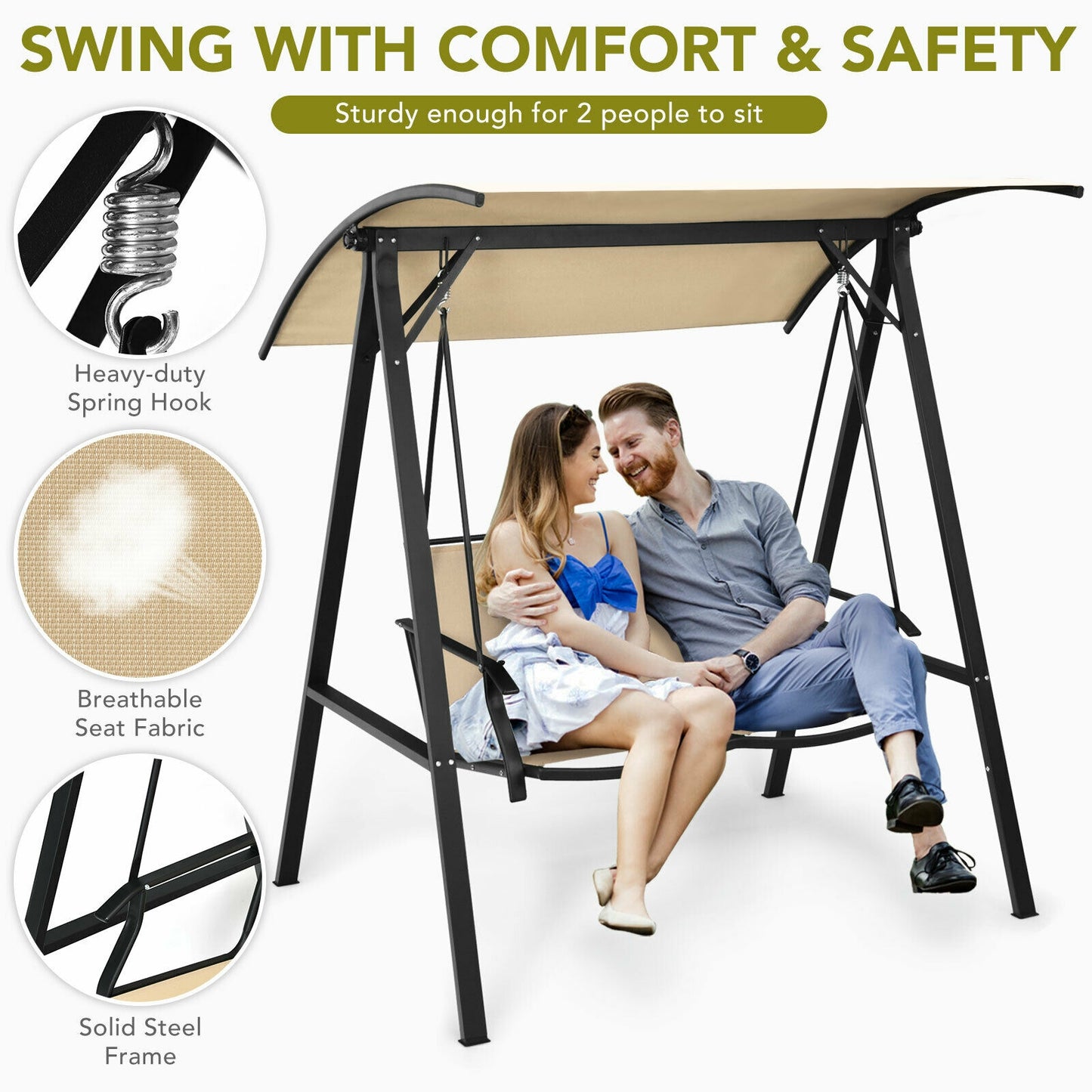 2 Person Patio Swing with Weather Resistant Glider and Adjustable Canopy-Beige Kids Crystal