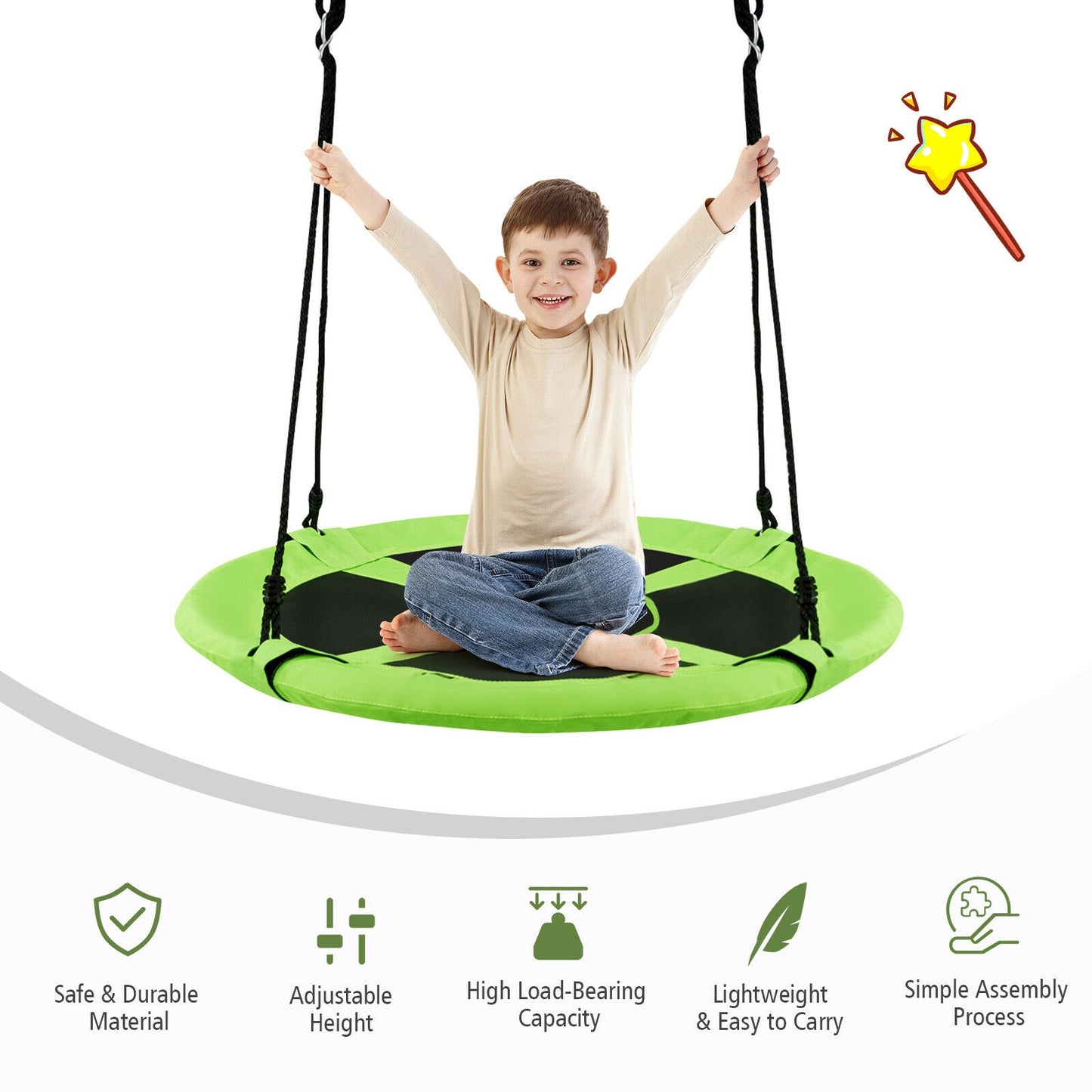 40 Inch 770 lbs Flying Saucer Tree Swing Kids Gift with 2 Tree Hanging Straps-Green Kids Crystal