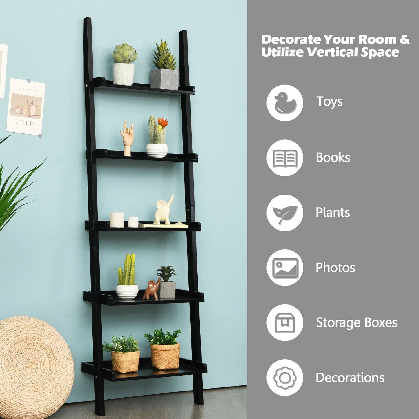 5-Tier Wall-leaning Ladder Shelf Display Rack for Plants and Books-Black Kids Crystal