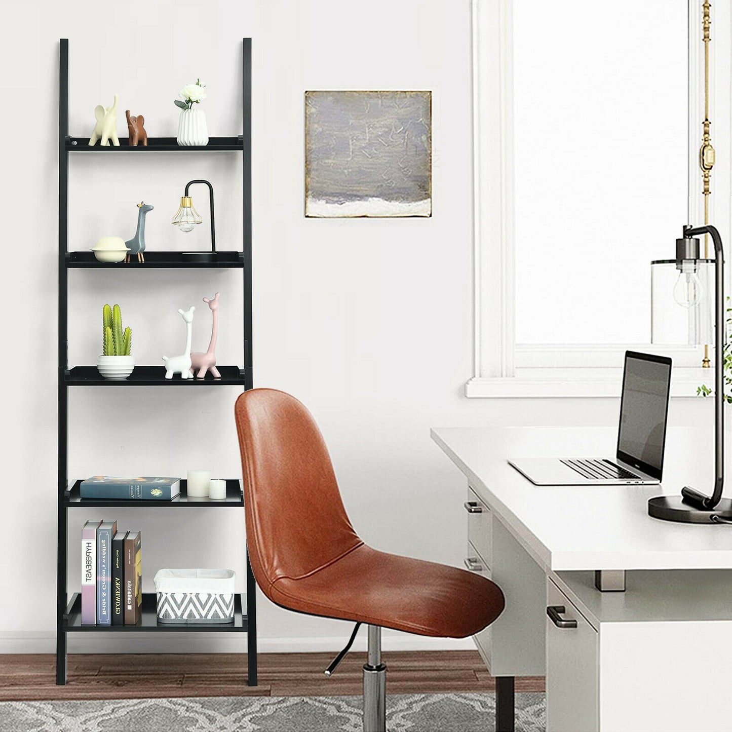 5-Tier Wall-leaning Ladder Shelf Display Rack for Plants and Books-Black Kids Crystal
