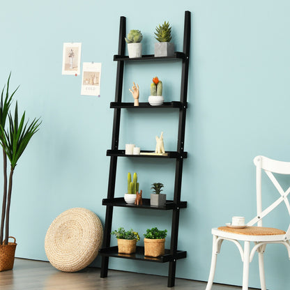5-Tier Wall-leaning Ladder Shelf Display Rack for Plants and Books-Black