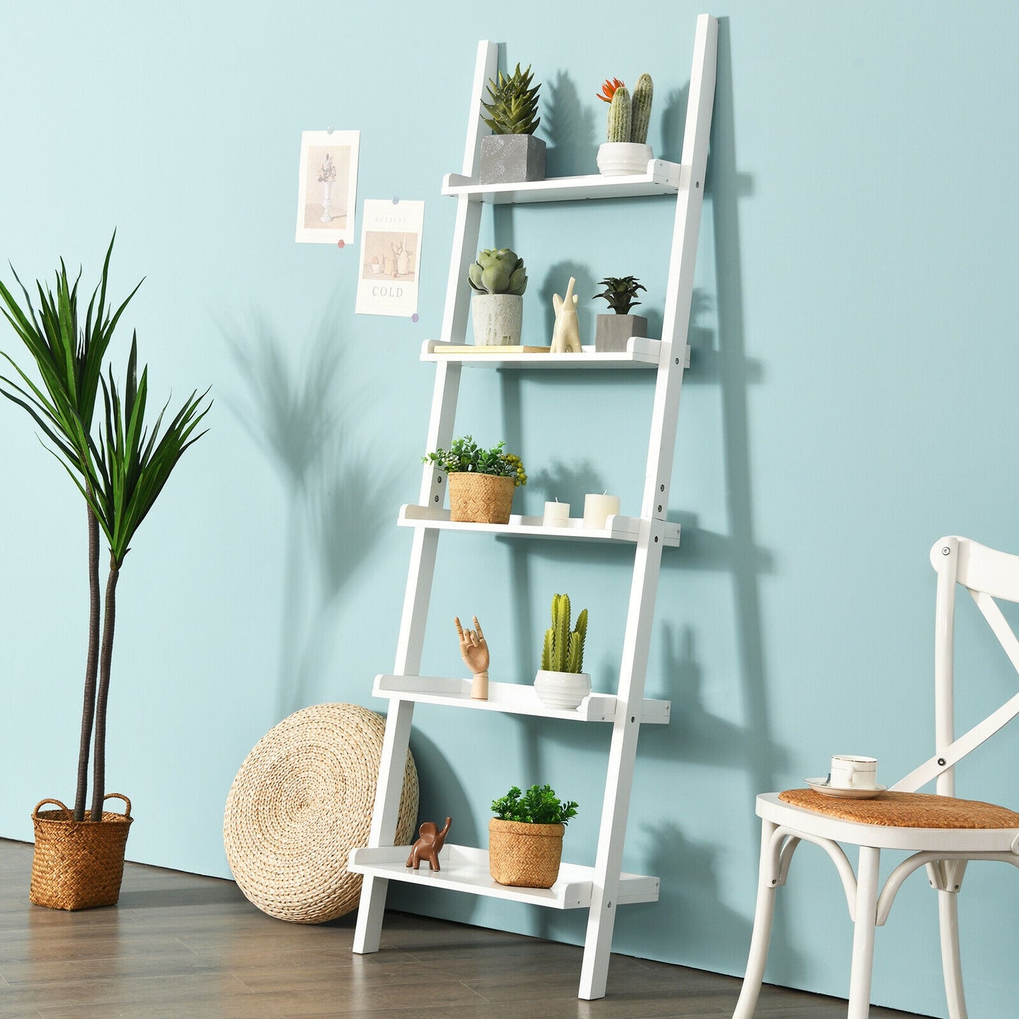 5-Tier Wall-leaning Ladder Shelf Display Rack for Plants and Books-White Kids Crystal