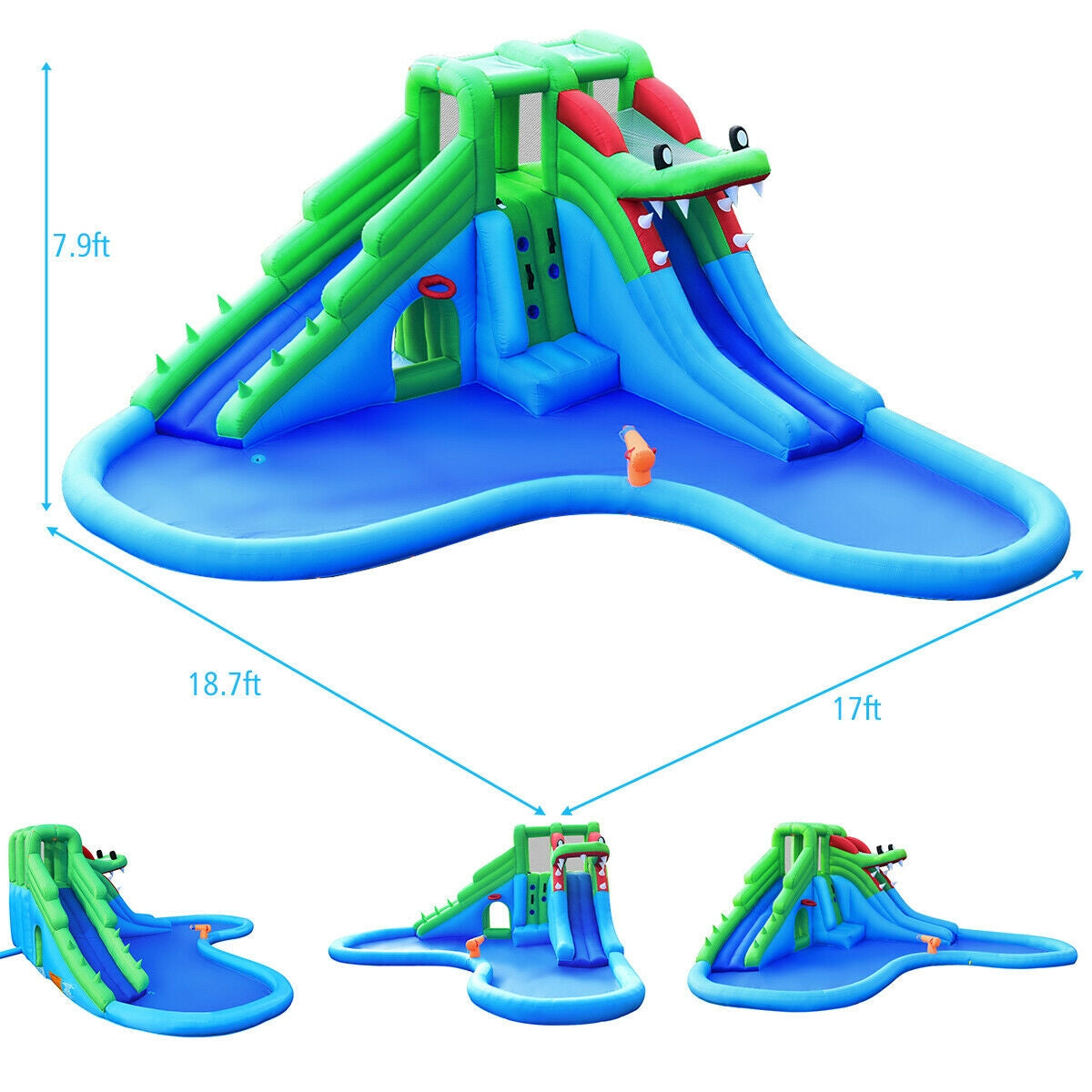 Inflatable Water Park Crocodile Bouncer Dual Slide Climbing Wall Without Blower Kids Crystal