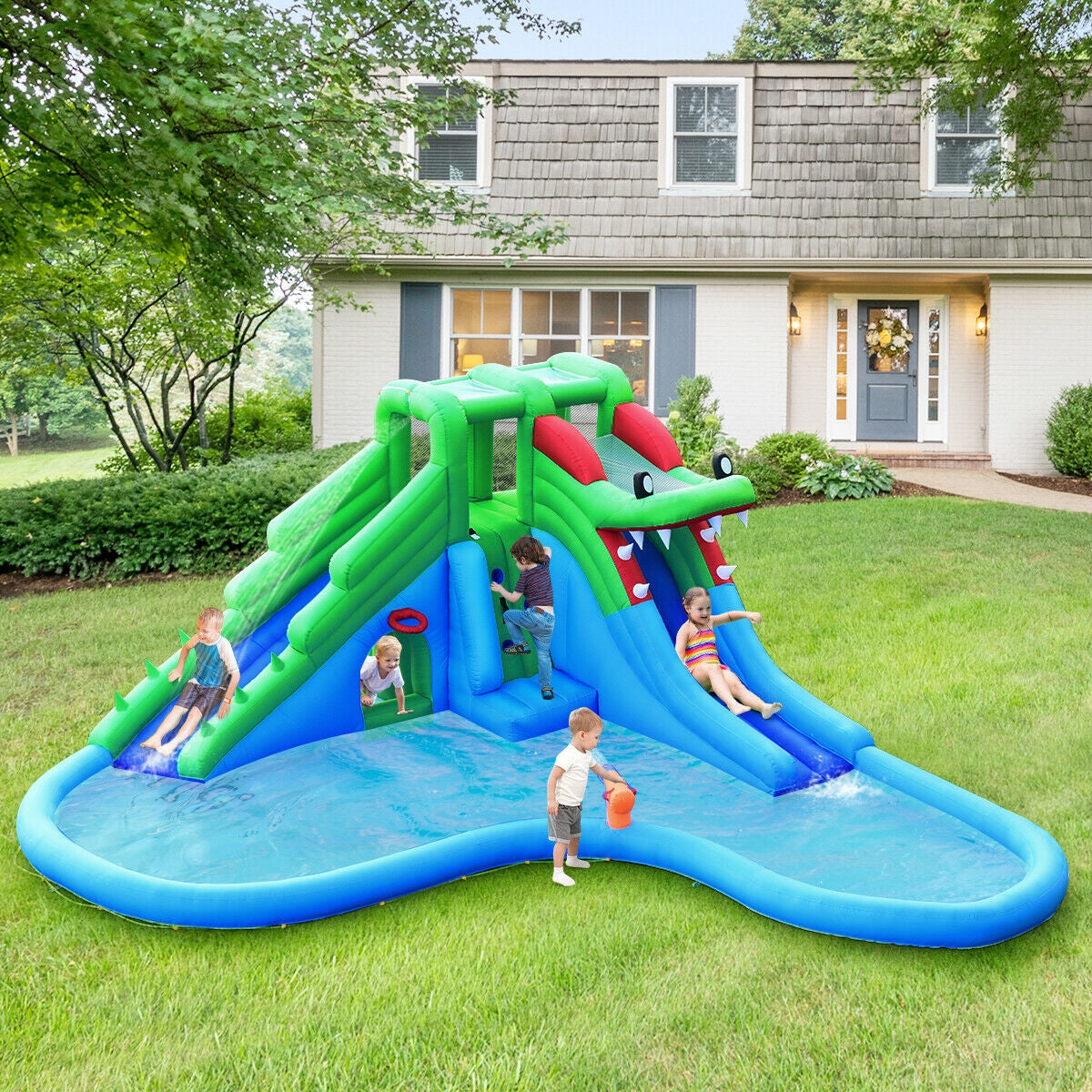 Inflatable Water Park Crocodile Bouncer Dual Slide Climbing Wall Without Blower Kids Crystal