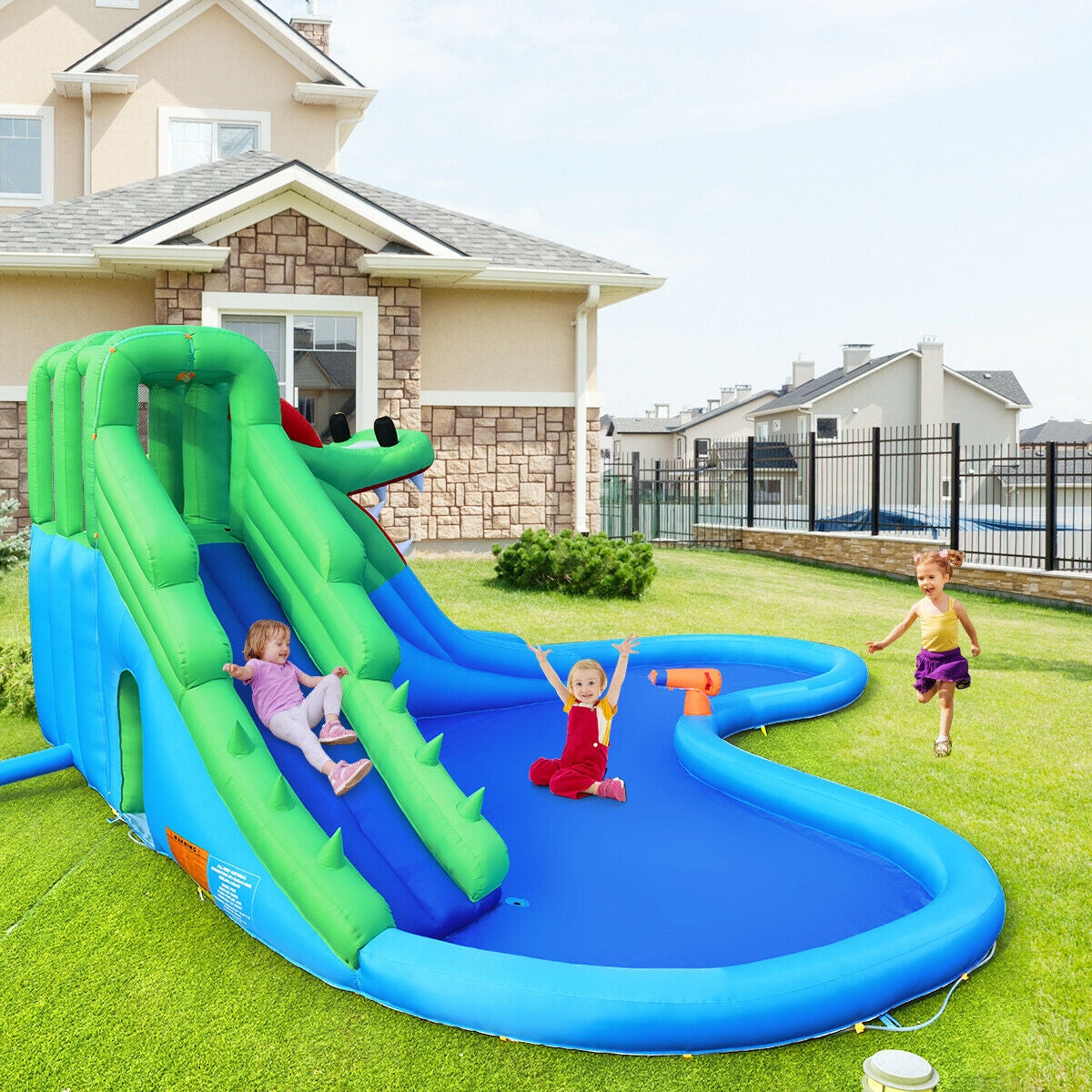 Inflatable Water Park Crocodile Bouncer Dual Slide Climbing Wall Without Blower Kids Crystal