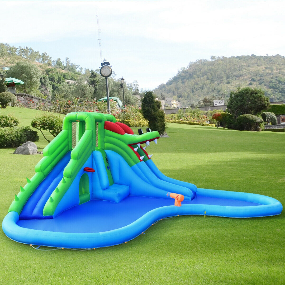 Inflatable Water Park Crocodile Bouncer Dual Slide Climbing Wall Without Blower Kids Crystal