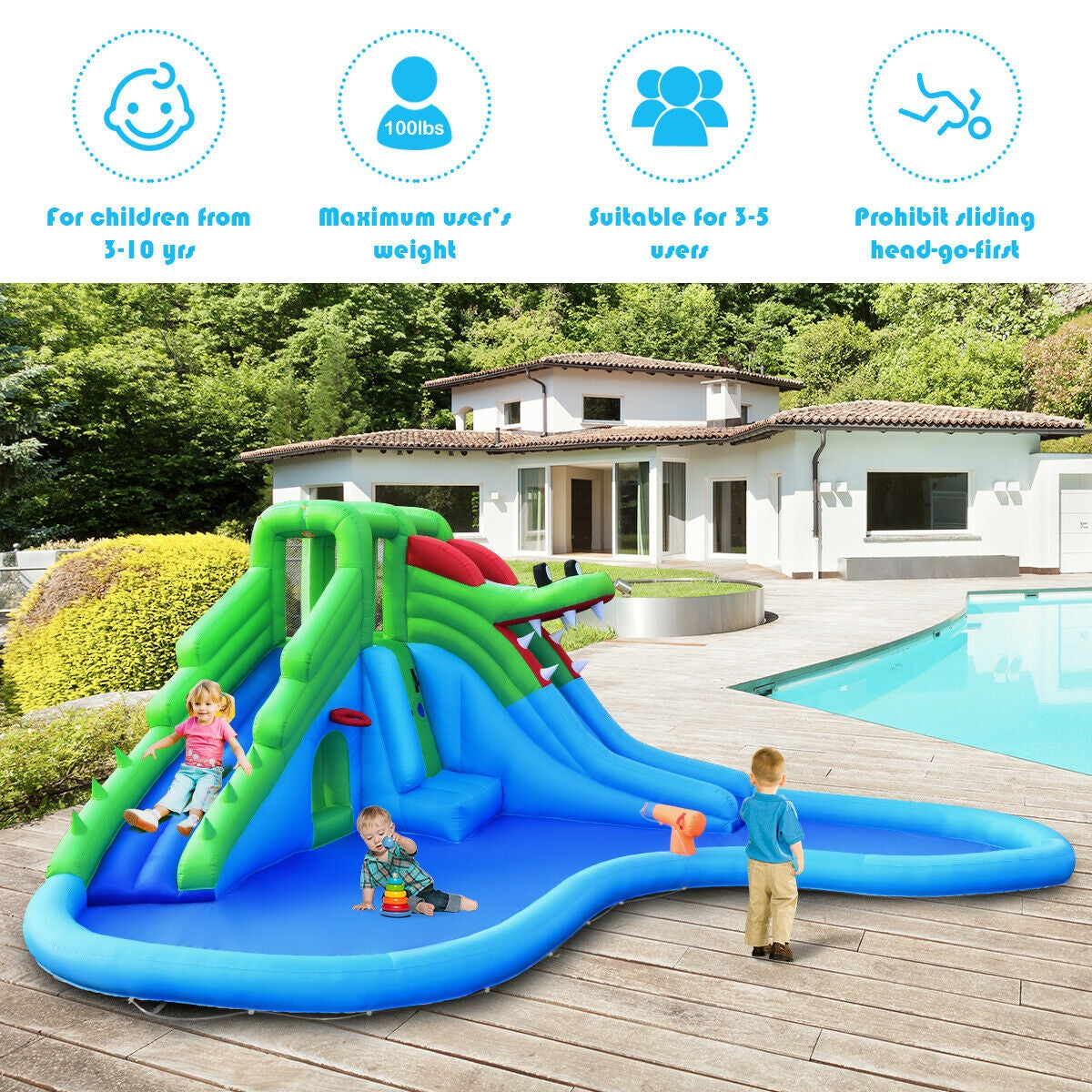 Inflatable Water Park Crocodile Bouncer Dual Slide Climbing Wall Without Blower Kids Crystal