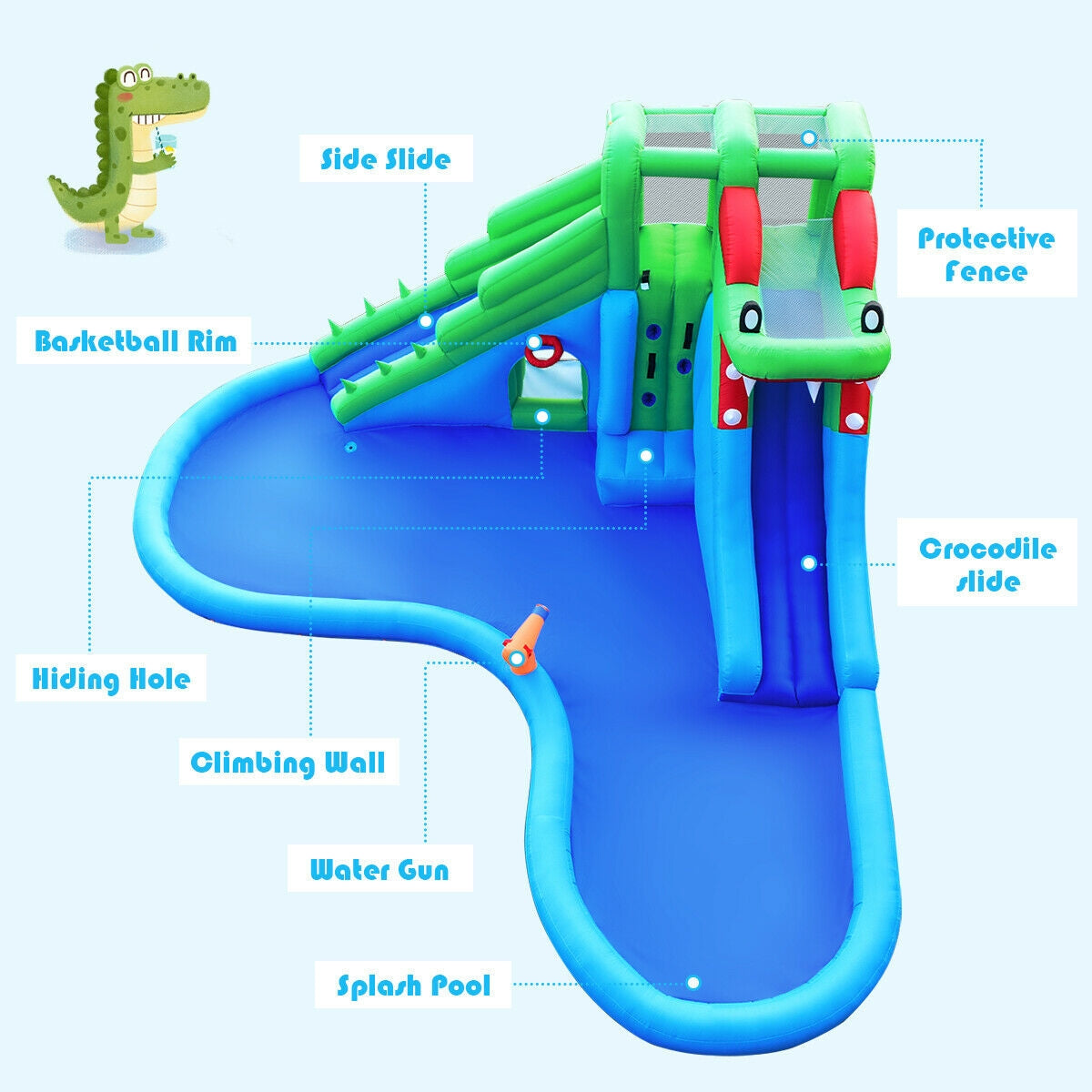 Inflatable Water Park Crocodile Bouncer Dual Slide Climbing Wall Without Blower Kids Crystal