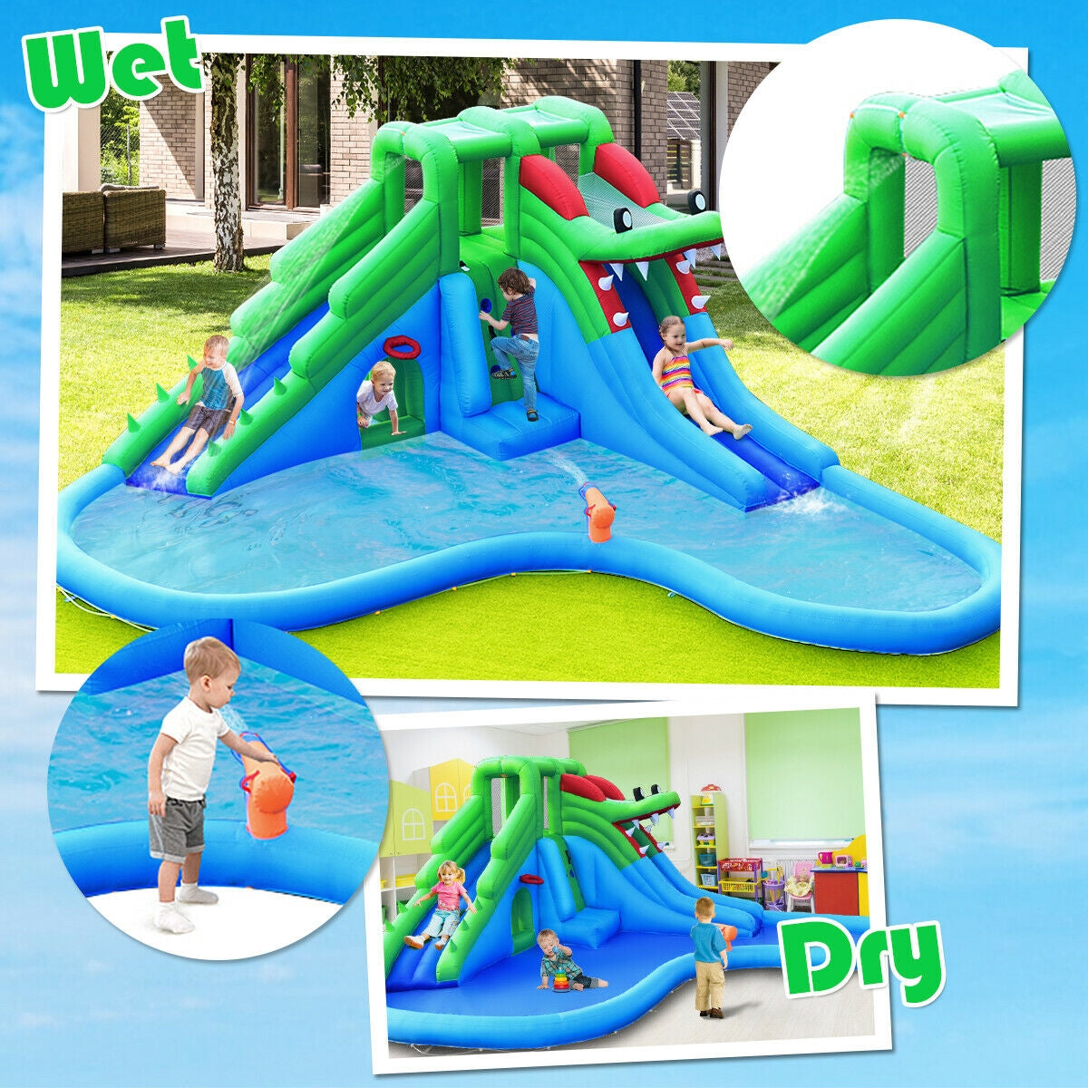 Inflatable Water Park Crocodile Bouncer Dual Slide Climbing Wall Without Blower Kids Crystal