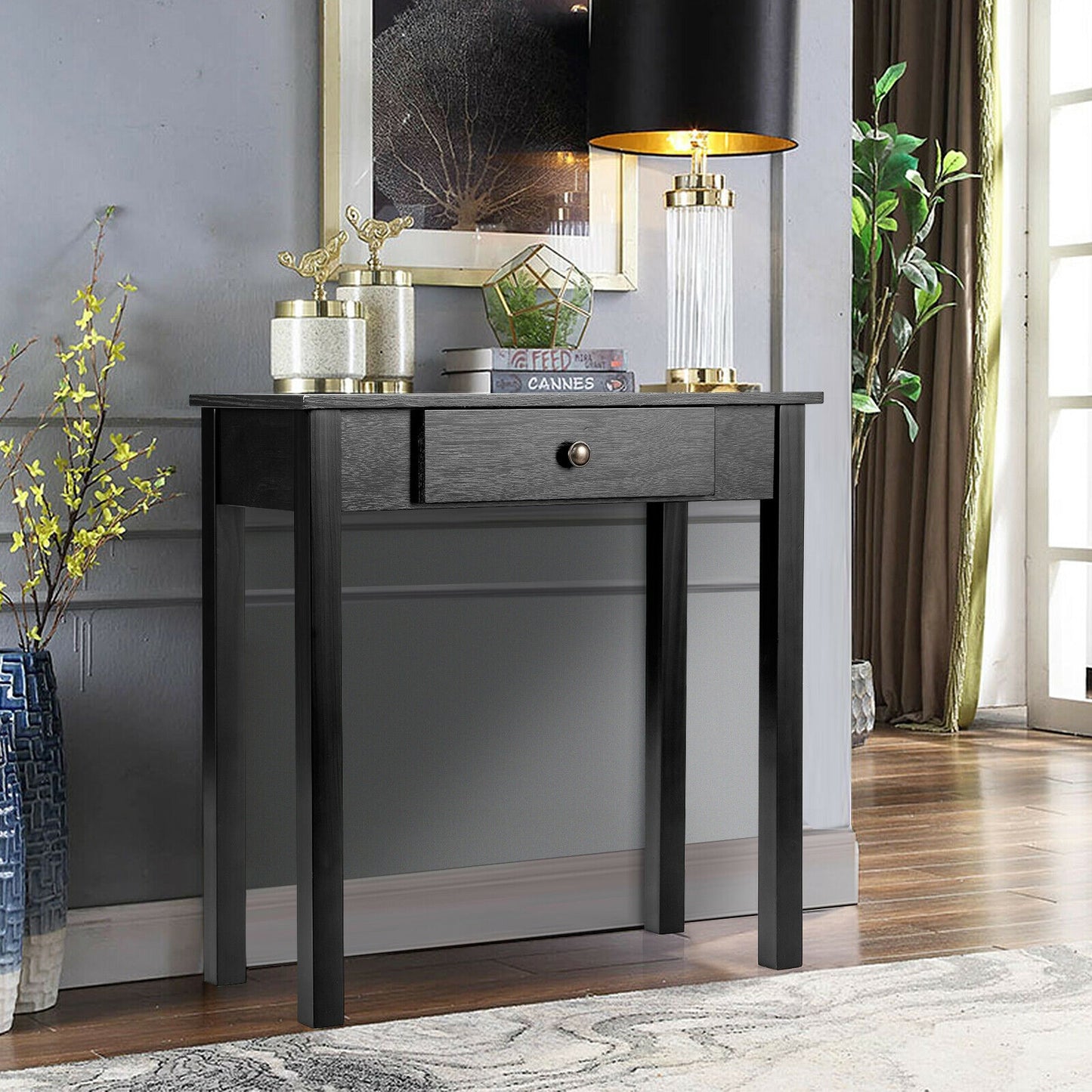 Small Space Console Table with Drawer for Living Room Bathroom Hallway-Black Kids Crystal