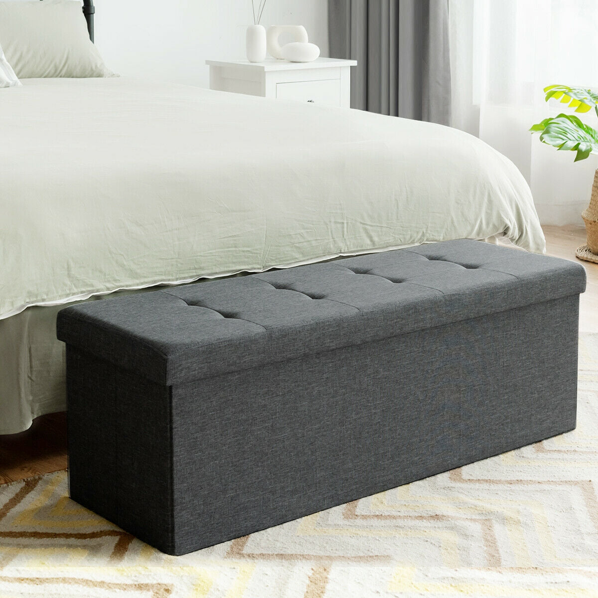 Large Fabric Folding Storage Chest with Smart lift Divider Bed End Ottoman Bench-Dark Gray Kids Crystal