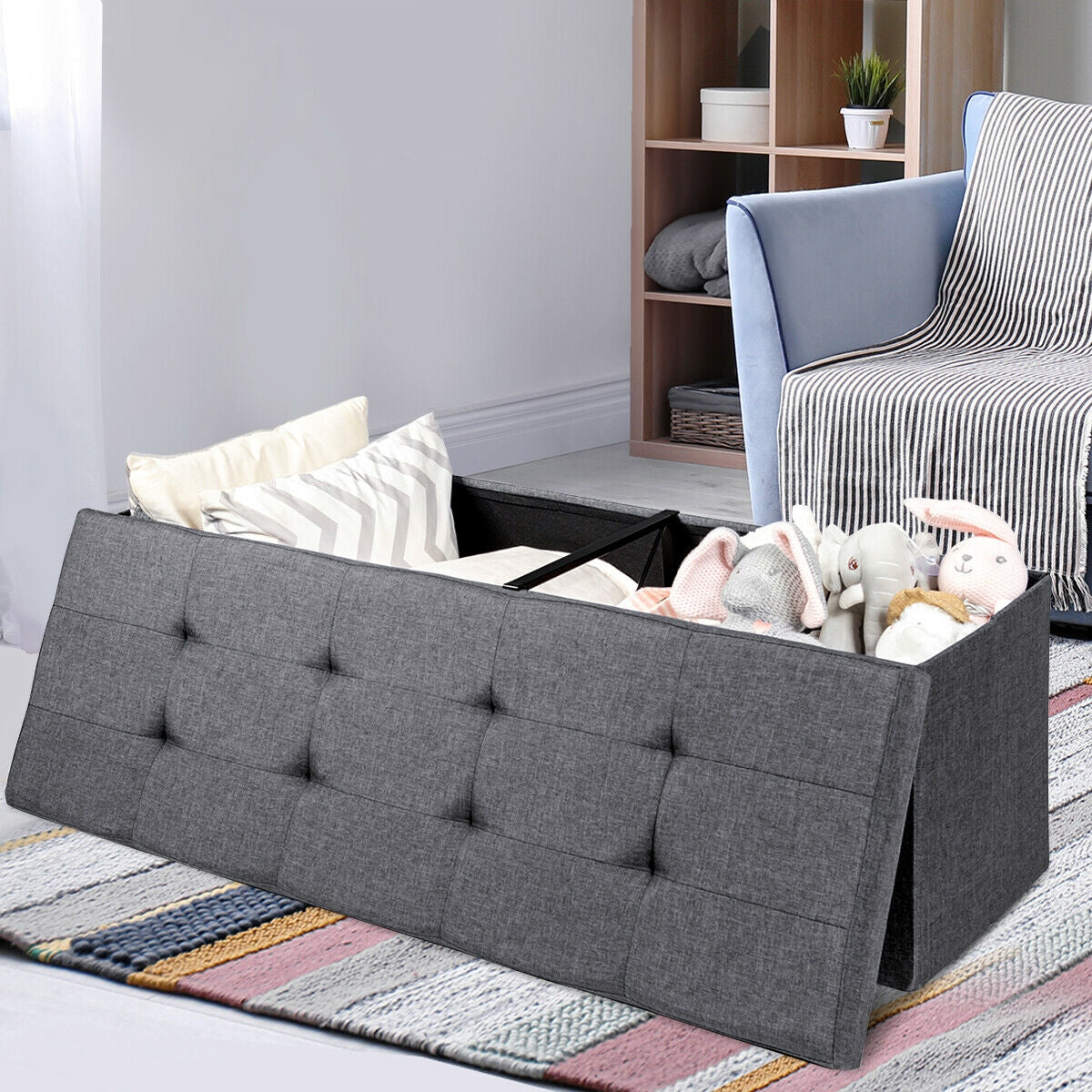 Large Fabric Folding Storage Chest with Smart lift Divider Bed End Ottoman Bench-Dark Gray Kids Crystal