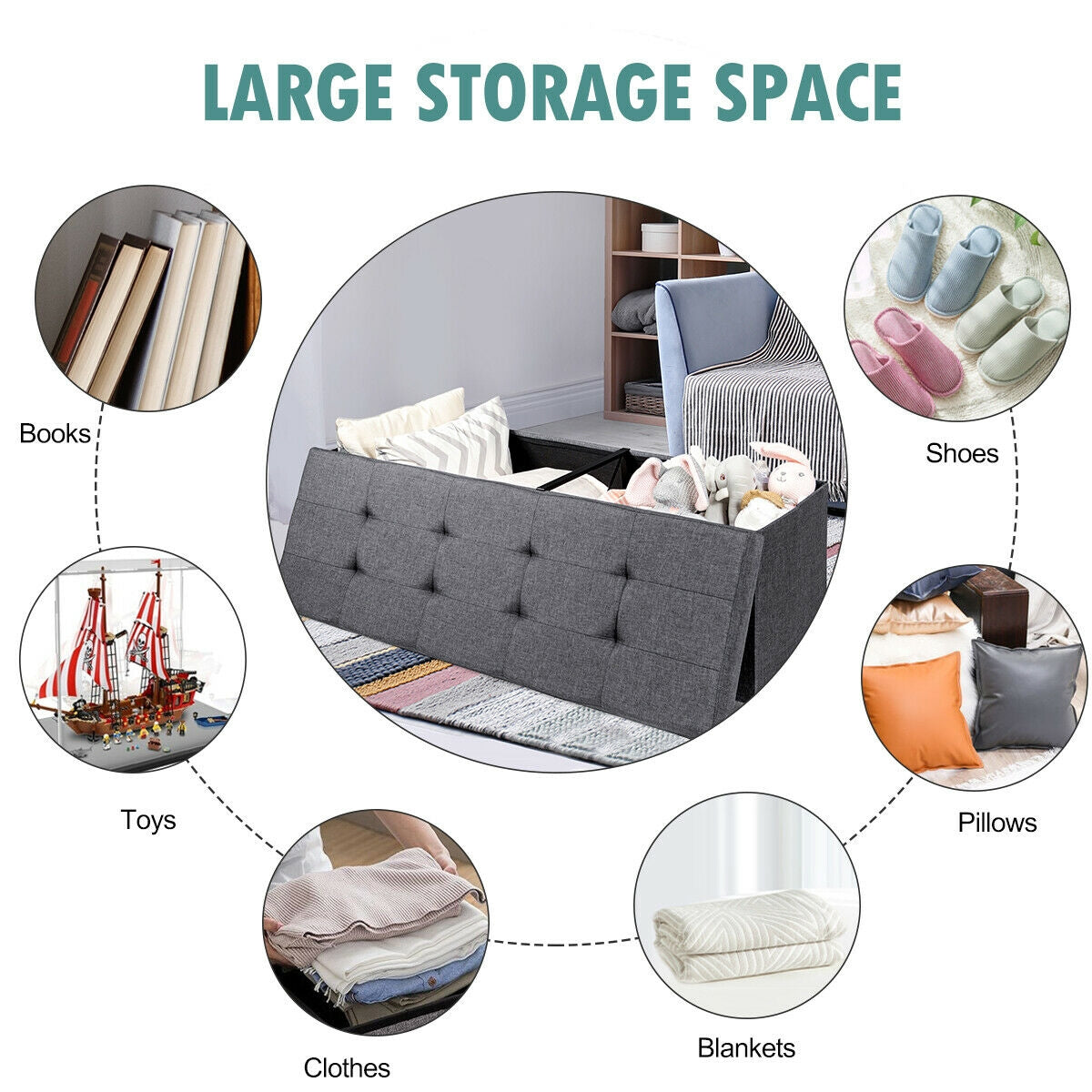 Large Fabric Folding Storage Chest with Smart lift Divider Bed End Ottoman Bench-Dark Gray Kids Crystal