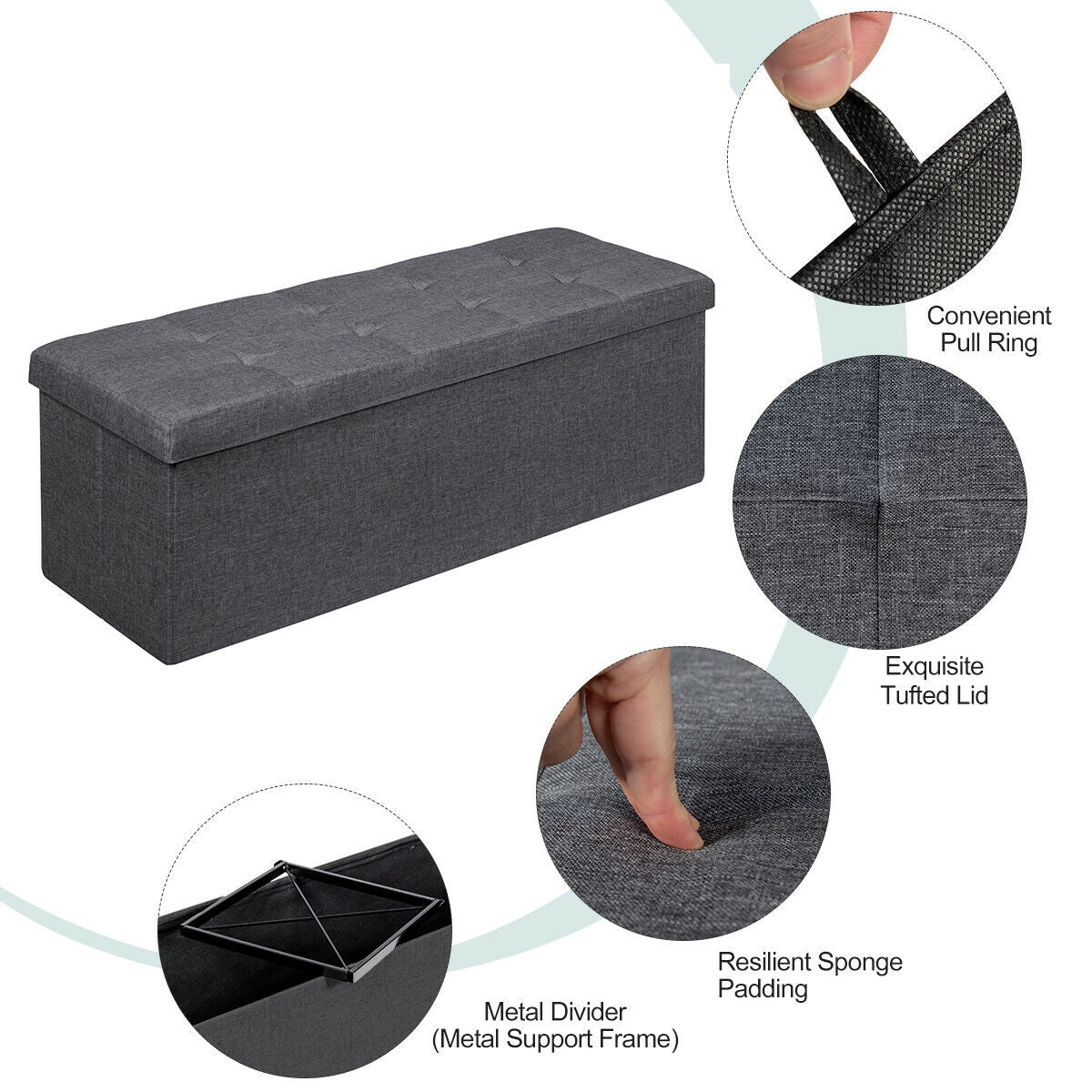 Large Fabric Folding Storage Chest with Smart lift Divider Bed End Ottoman Bench-Dark Gray Kids Crystal