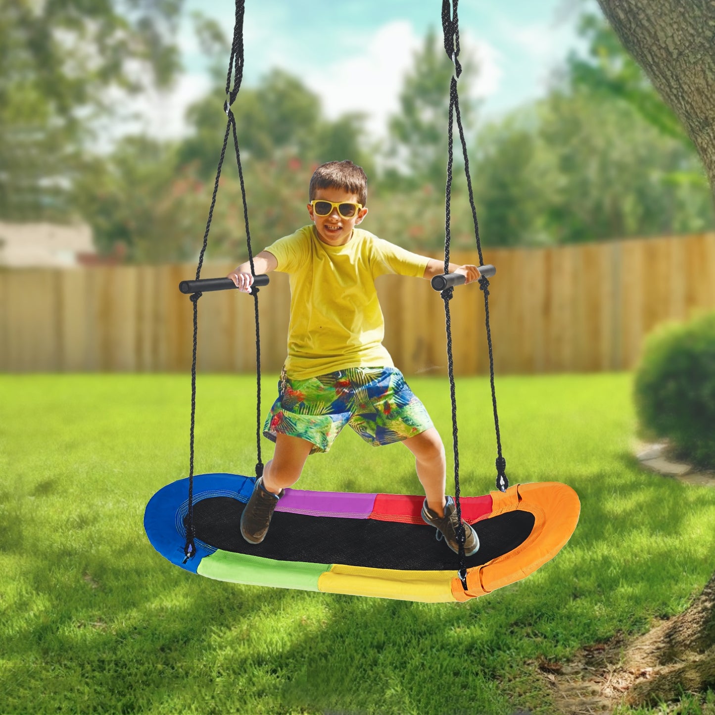 Saucer Tree Swing Surf Kids Outdoor Adjustable Oval Platform Set with Handle-Multicolor Kids Crystal