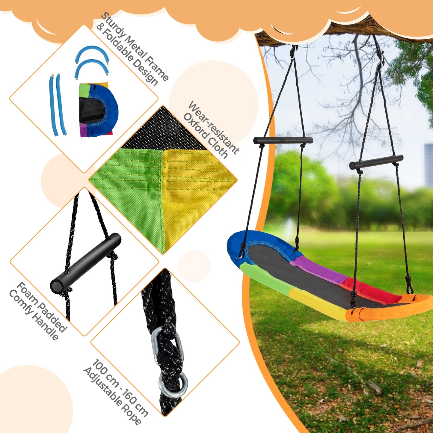 Saucer Tree Swing Surf Kids Outdoor Adjustable Oval Platform Set with Handle-Multicolor Kids Crystal
