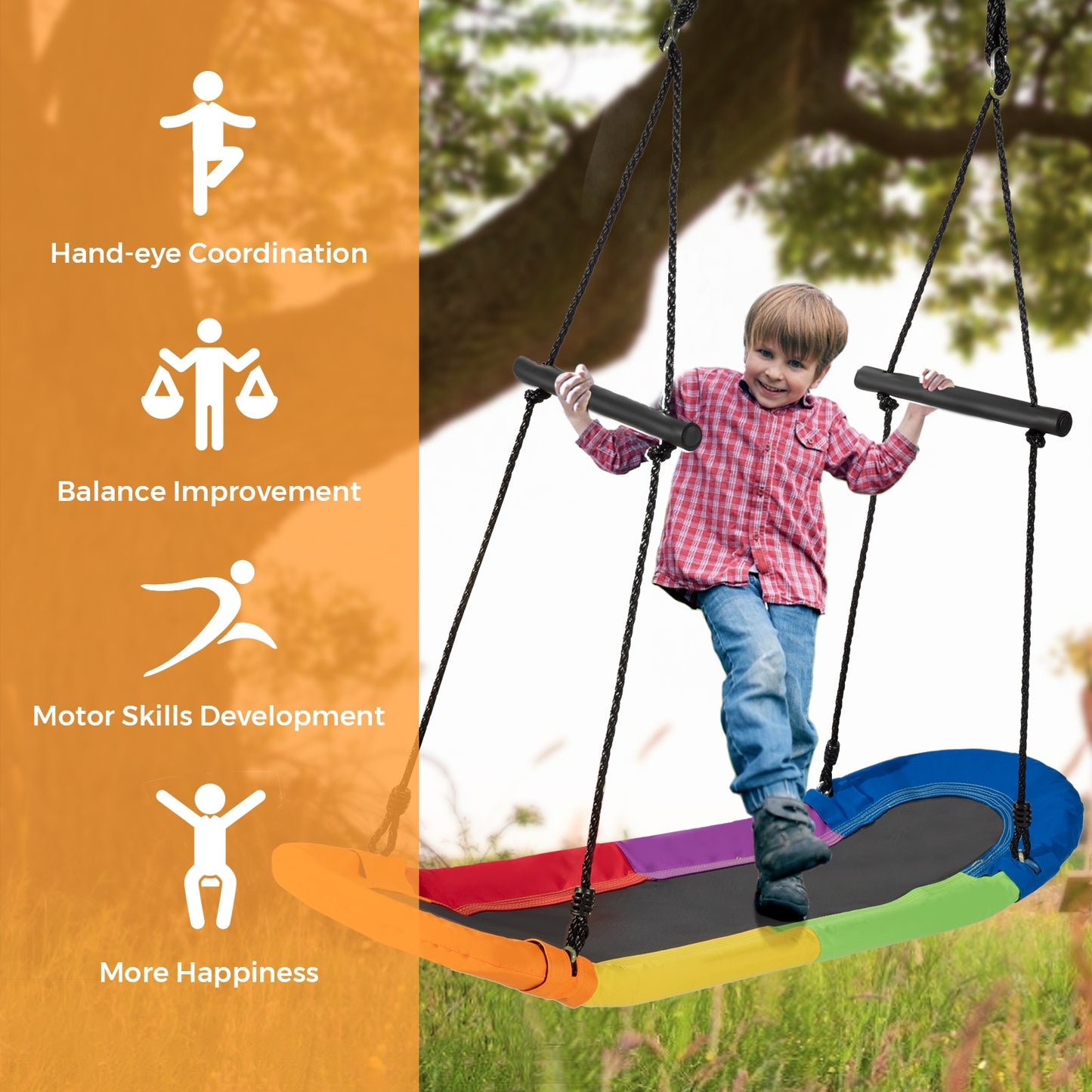 Saucer Tree Swing Surf Kids Outdoor Adjustable Oval Platform Set with Handle-Multicolor Kids Crystal