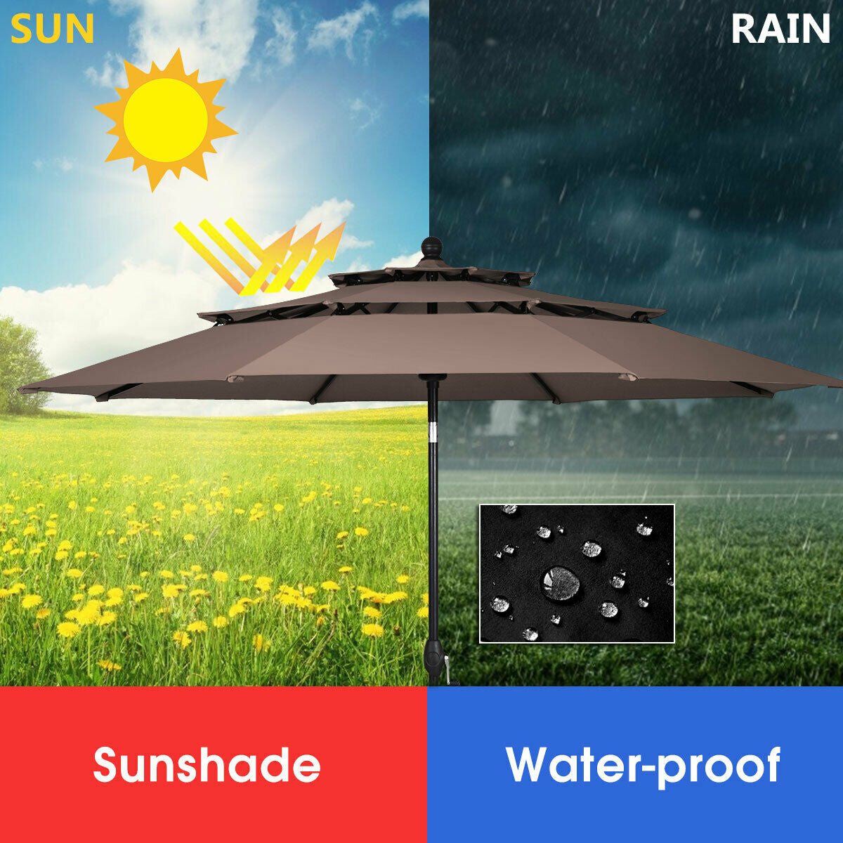 10ft 3 Tier Outdoor Patio Umbrella with Double Vented-Tan Kids Crystal
