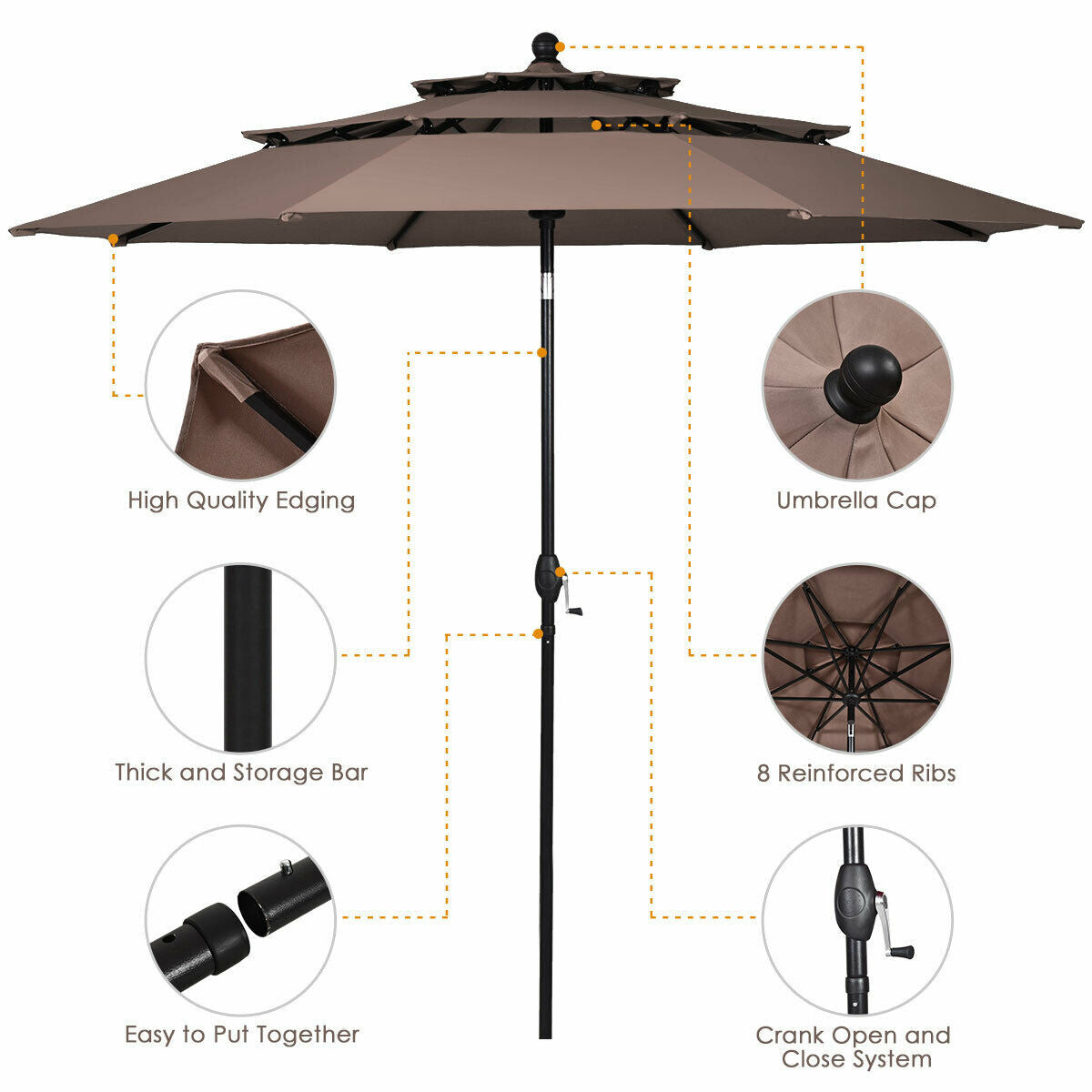 10ft 3 Tier Outdoor Patio Umbrella with Double Vented-Tan Kids Crystal