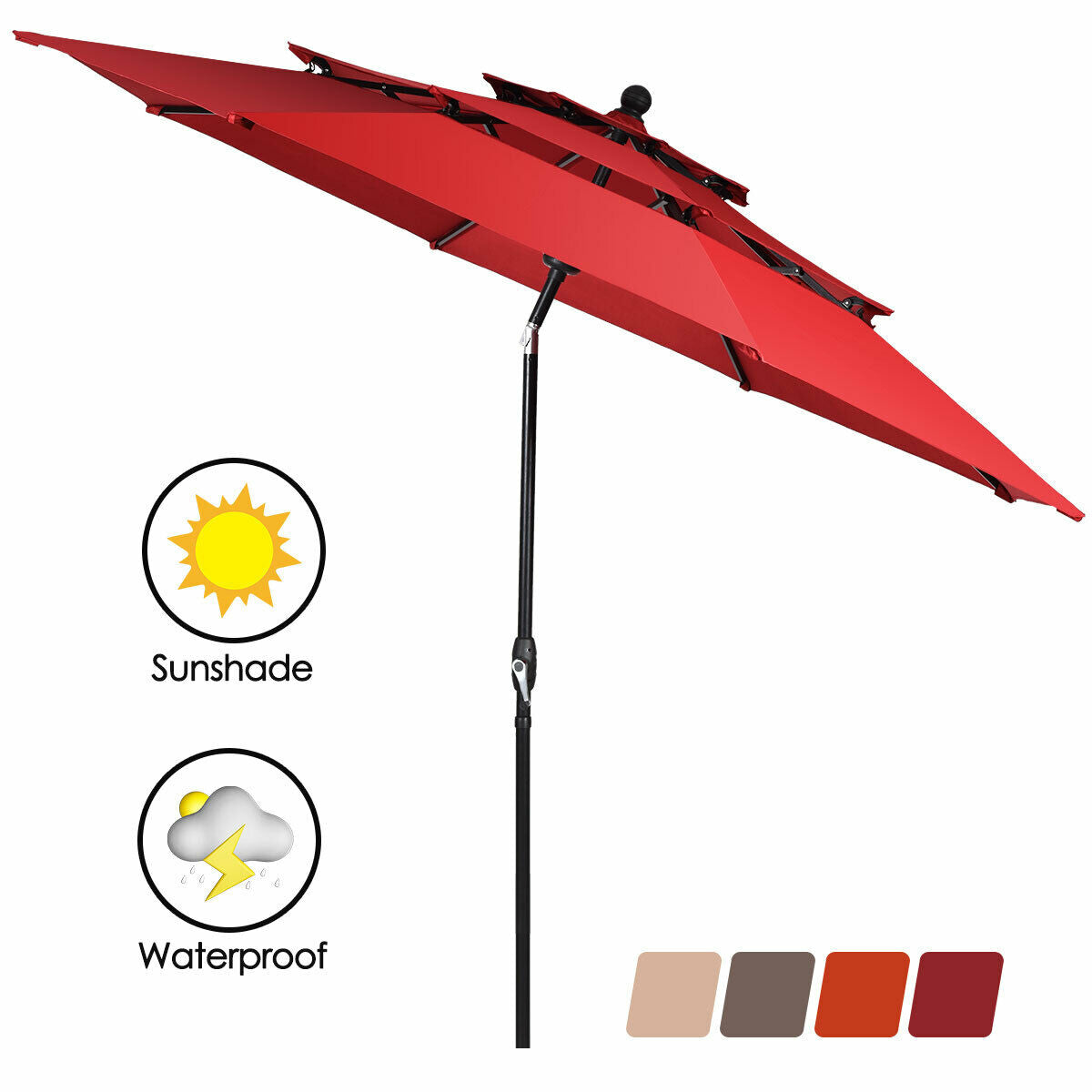 10ft 3 Tier Outdoor Patio Umbrella with Double Vented-Burgundy Kids Crystal