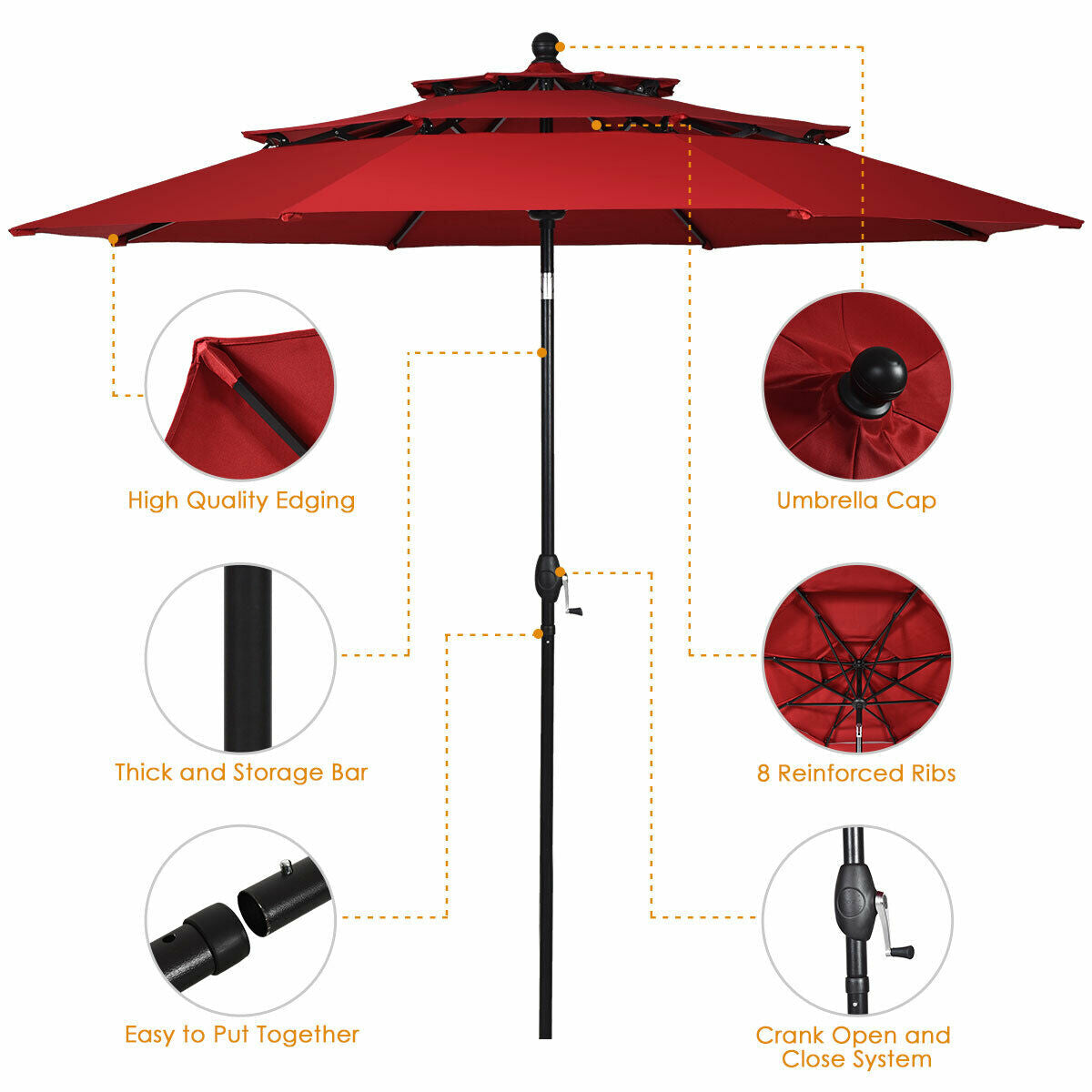 10ft 3 Tier Outdoor Patio Umbrella with Double Vented-Burgundy Kids Crystal