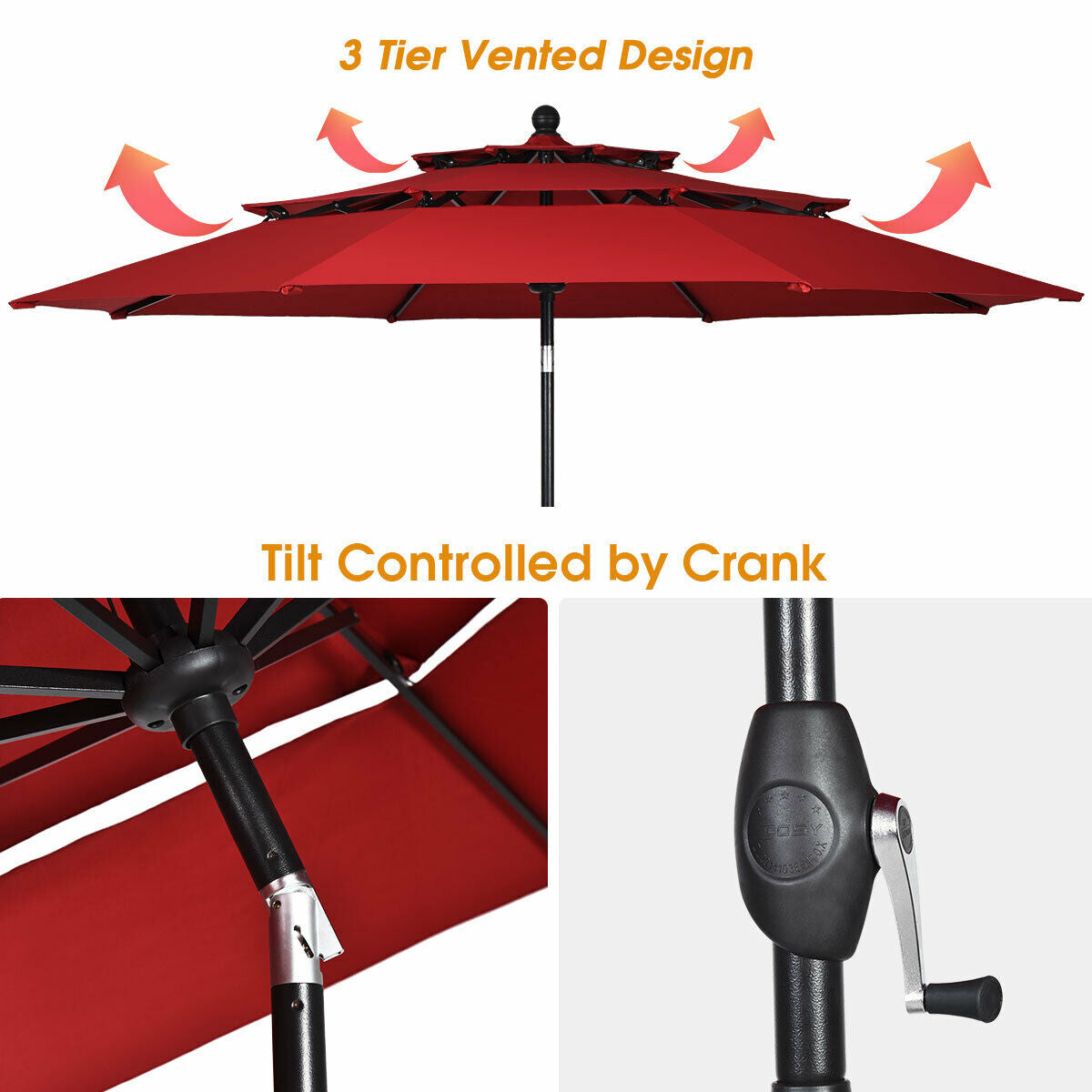 10ft 3 Tier Outdoor Patio Umbrella with Double Vented-Burgundy Kids Crystal