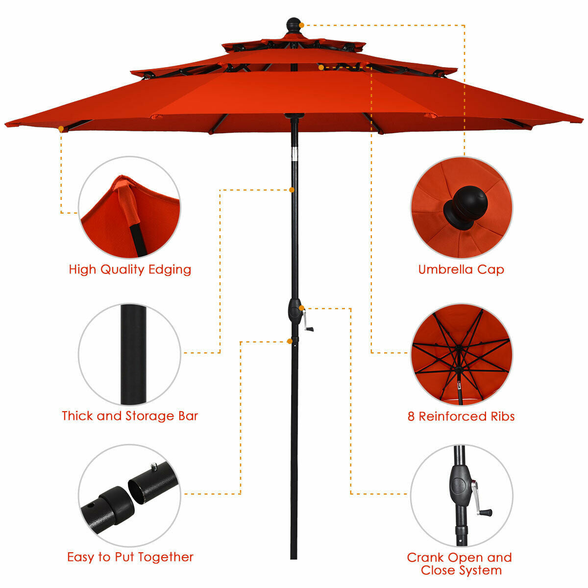 10ft 3 Tier Outdoor Patio Umbrella with Double Vented-Orange Kids Crystal