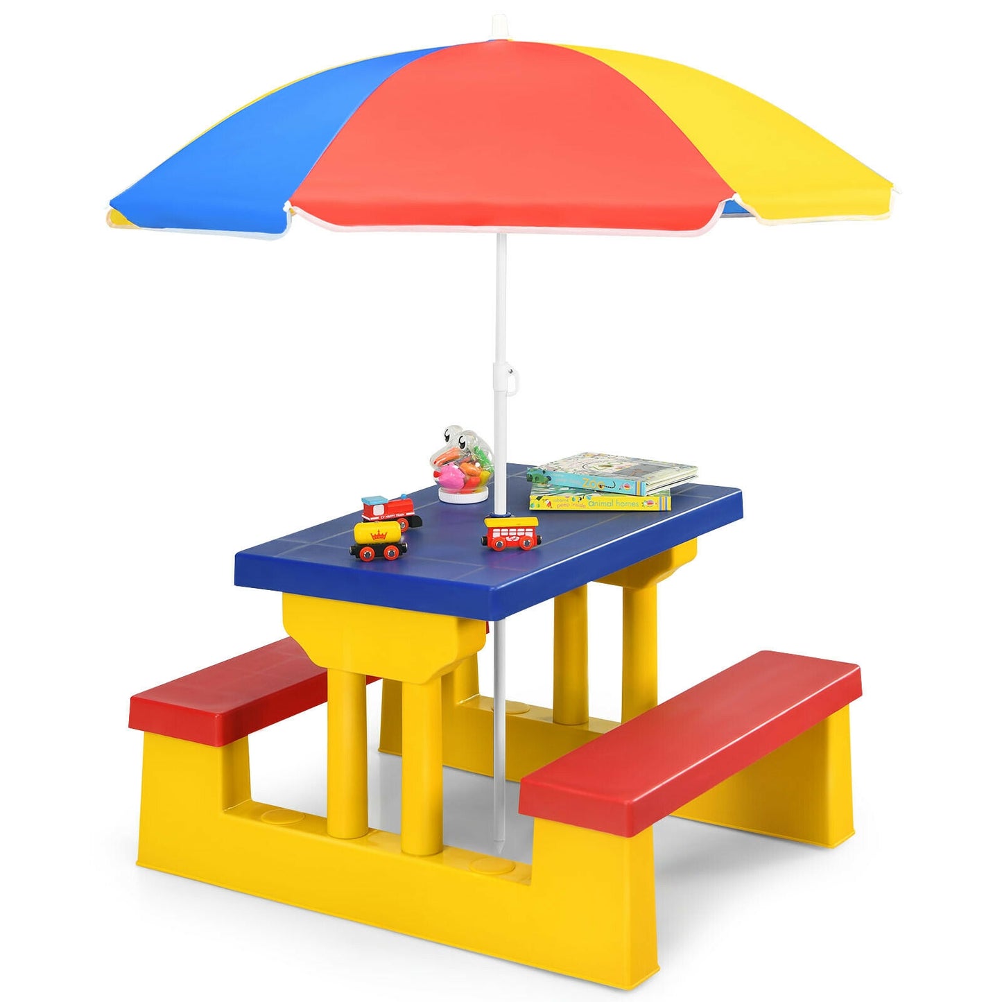 Kids Picnic Folding Table and Bench Set with Umbrella-Yellow Kids Crystal
