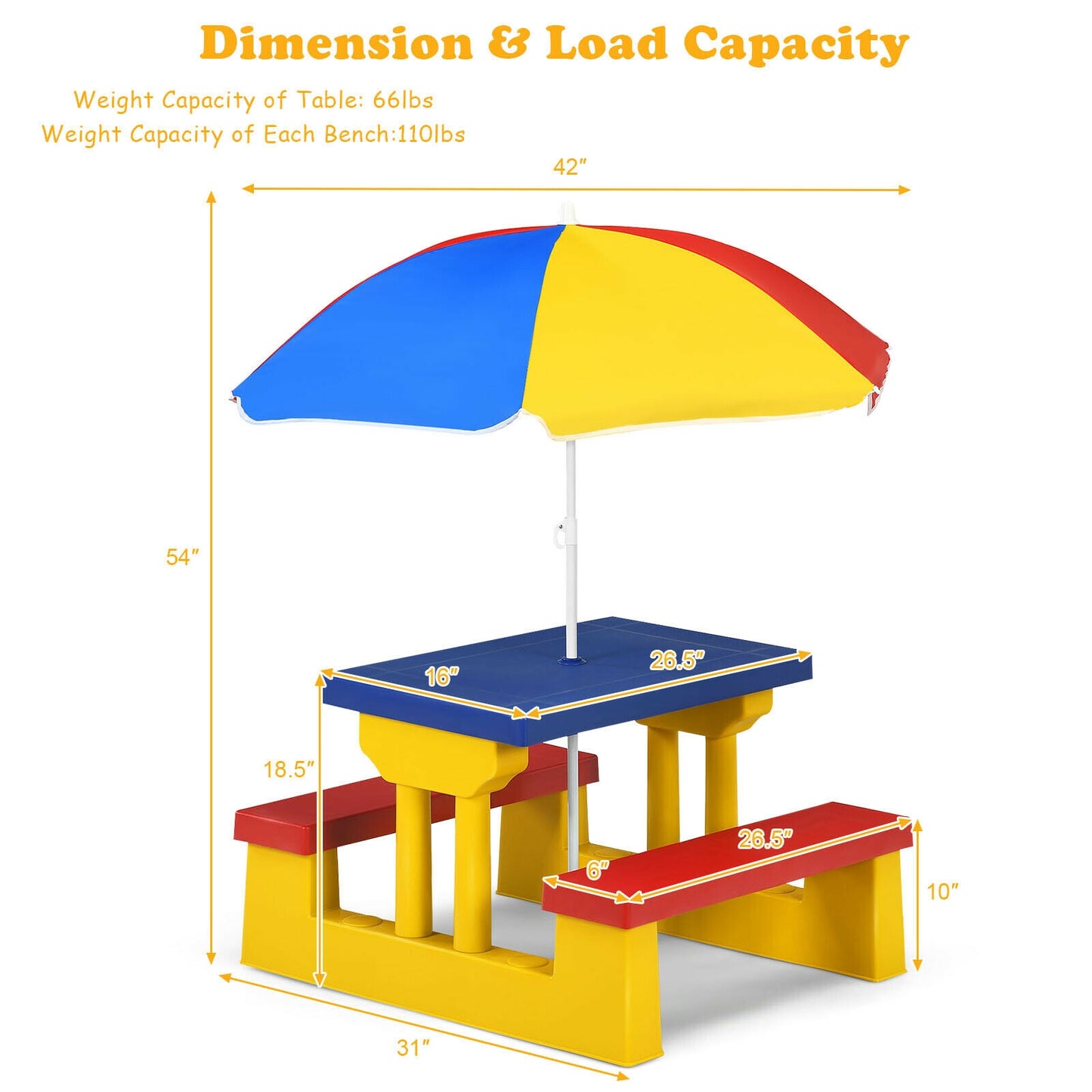 Kids Picnic Folding Table and Bench Set with Umbrella-Yellow Kids Crystal