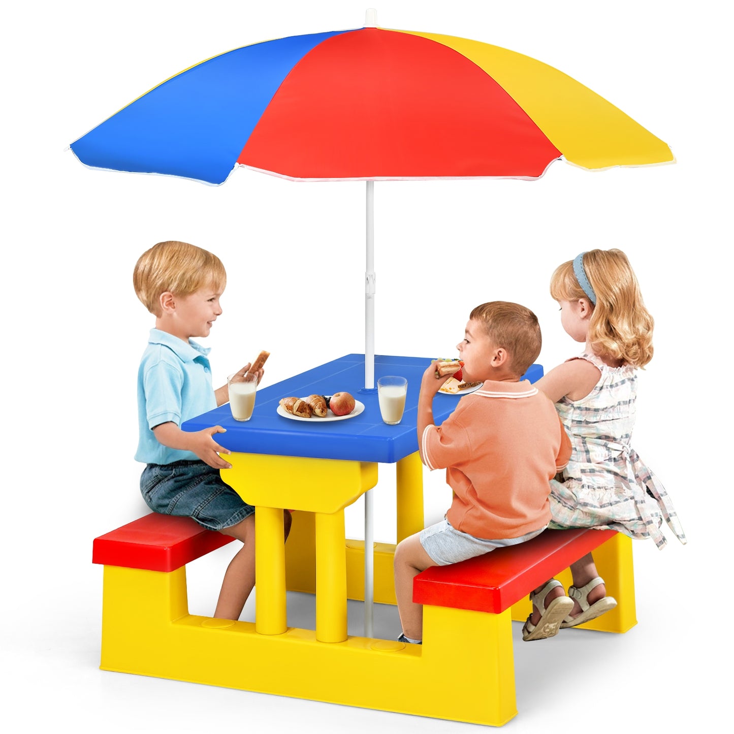 Kids Picnic Folding Table and Bench Set with Umbrella-Yellow Kids Crystal