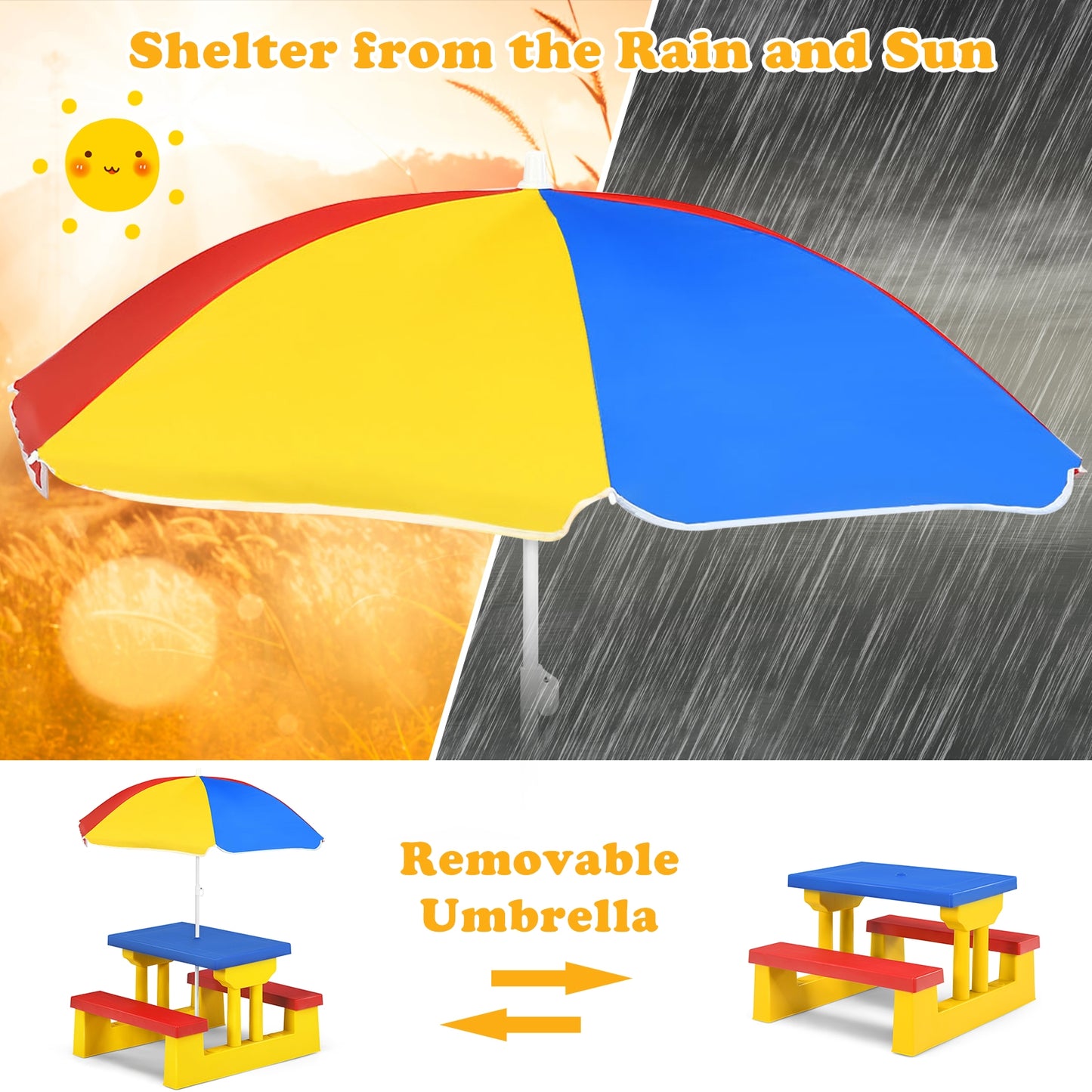 Kids Picnic Folding Table and Bench Set with Umbrella-Yellow Kids Crystal